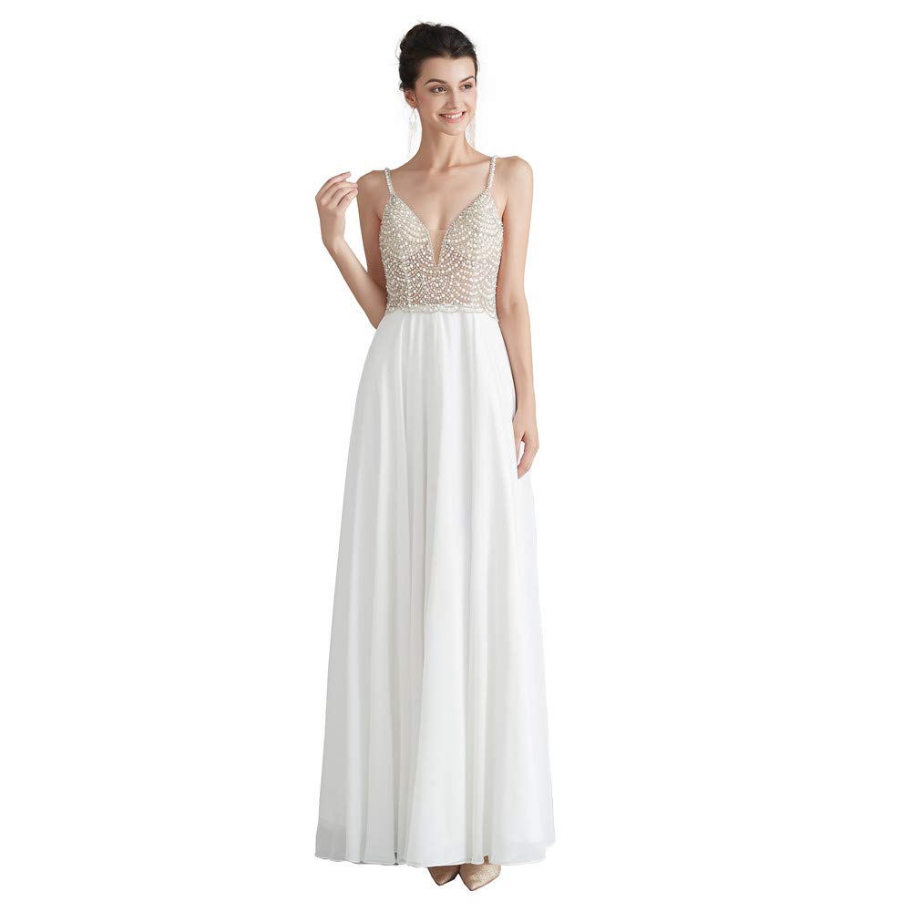 Elegant Open Back Pearl Chiffon Wedding Dress for Women - Beach Wedding Gown with Floor Length Train | Perfect for Beach Ceremonies, Destination Weddings & Romantic Photoshoots