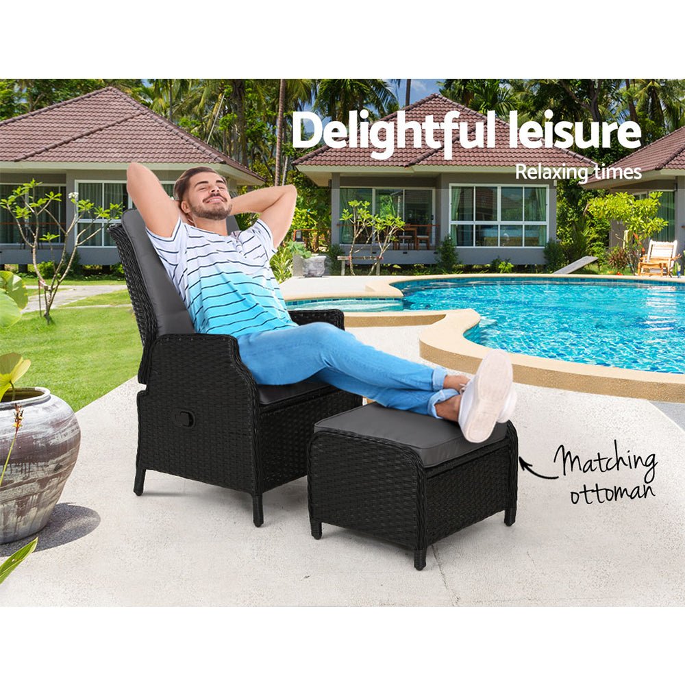 **Ella Outdoor Recliner Patio Chair - Adjustable Lounge Chair with Cushion, Black - Perfect for Backyard, Poolside, and Garden Relaxation**