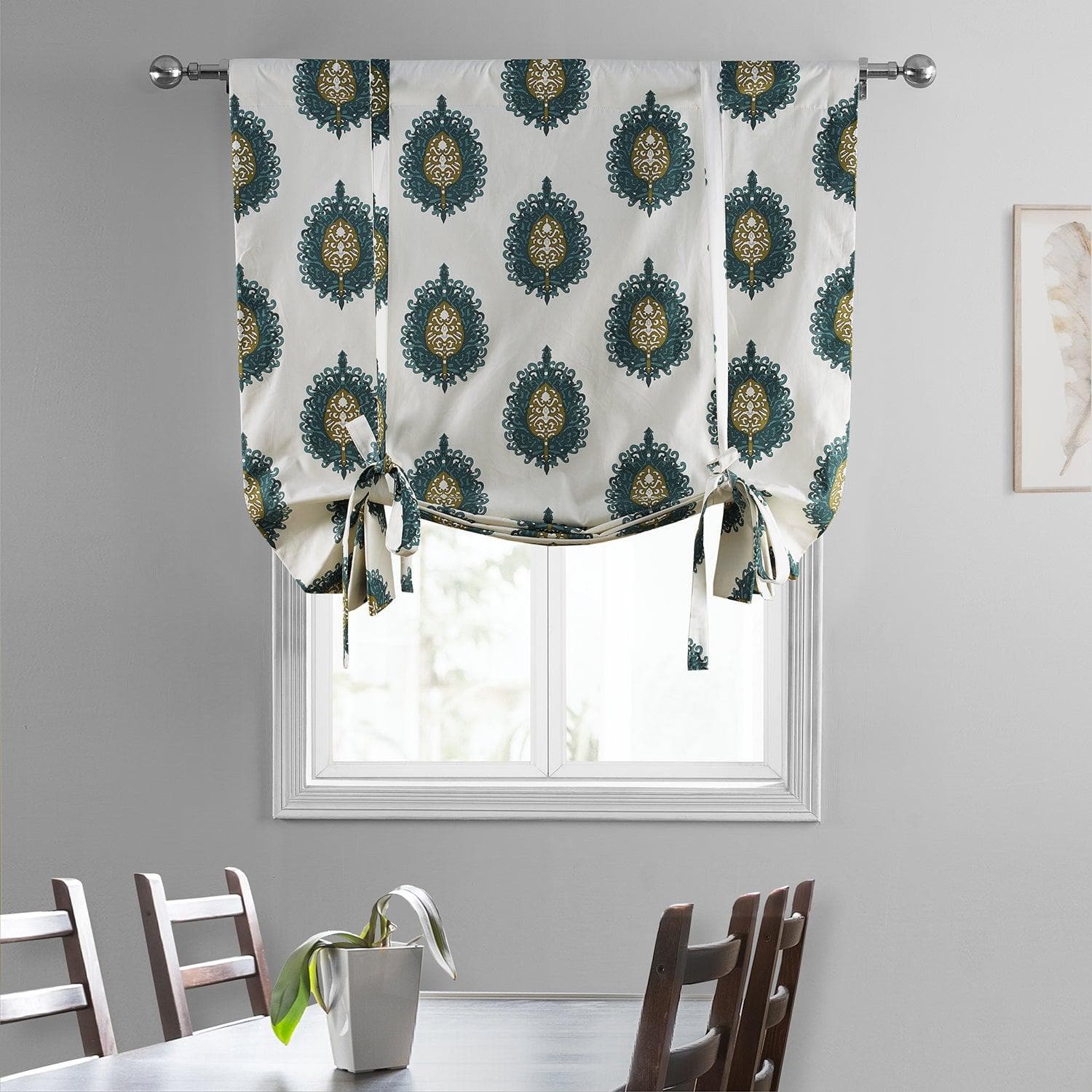 Mayan Teal Emblem Printed Cotton Blackout Window Shade - Stylish Room Darkening Tie-Up Curtain for Bedroom, Living Room & Nursery