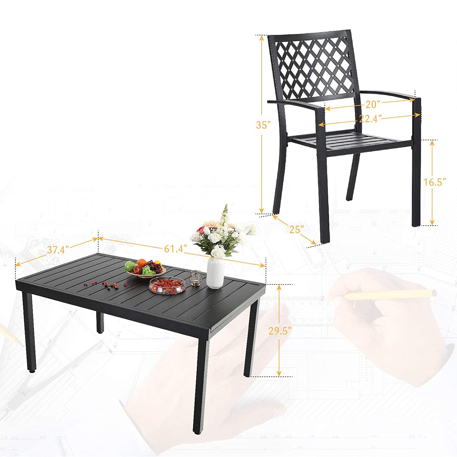 PHI VILLA Adjustable Steel Table and Stackable Chairs Metal Outdoor Patio Dining Set for Garden, Backyard, Poolside & BBQ Parties