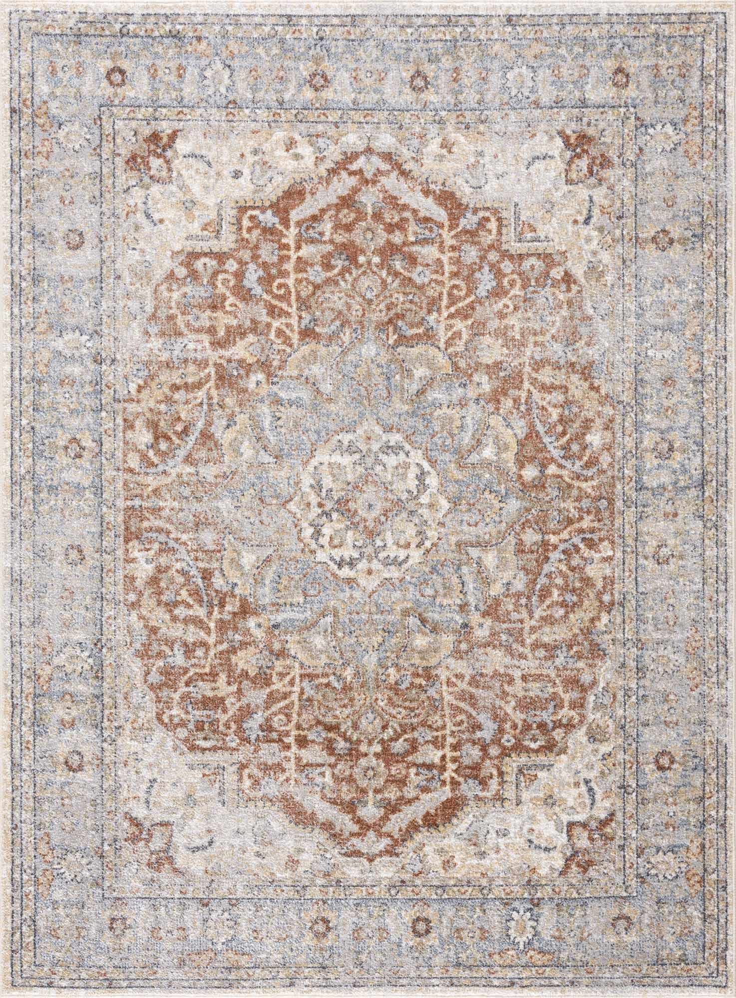 Hauteloom Emke Boho Oriental Medallion Area Rug - Traditional Floral Machine Washable Carpet for Living Room, Bedroom, Dining Room - Beige & Gray Round Rug 6'7
