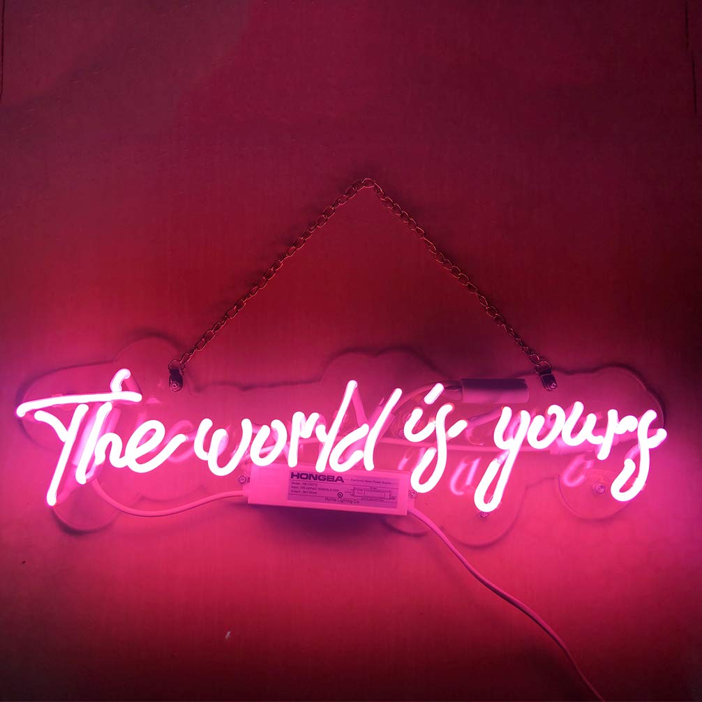 LiQi™ Handmade Real Glass Neon Wall Sign - 'The World is Yours' Pink (19