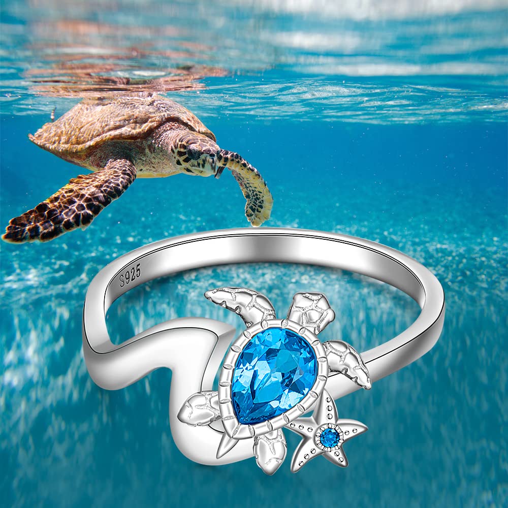 Wave Sea Turtle Ring Sterling Silver with Sapphire & Blue Zircon - Ocean Themed Jewelry for Women (Sizes 6-10) | Perfect Gift for Sister, Friend & Mom | Beach Wedding, Anniversary & Boho Fashion Accessory