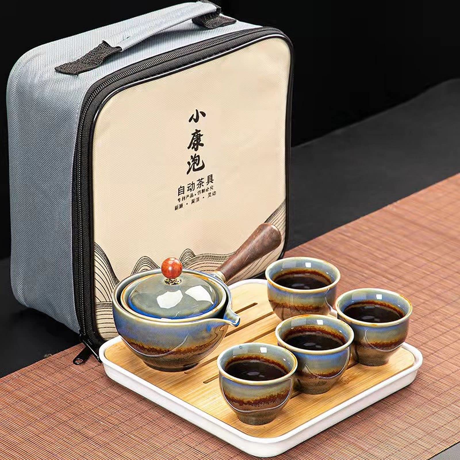 Premium Ceramic Travel Tea Set - 360° Rotating Teapot with Infuser, 4 Cups & Bamboo Tray - Portable Chinese Kungfu Tea Gift Set with Carrying Case (Kiln Fired) - Perfect for Camping, Office & Home Tea Ceremonies