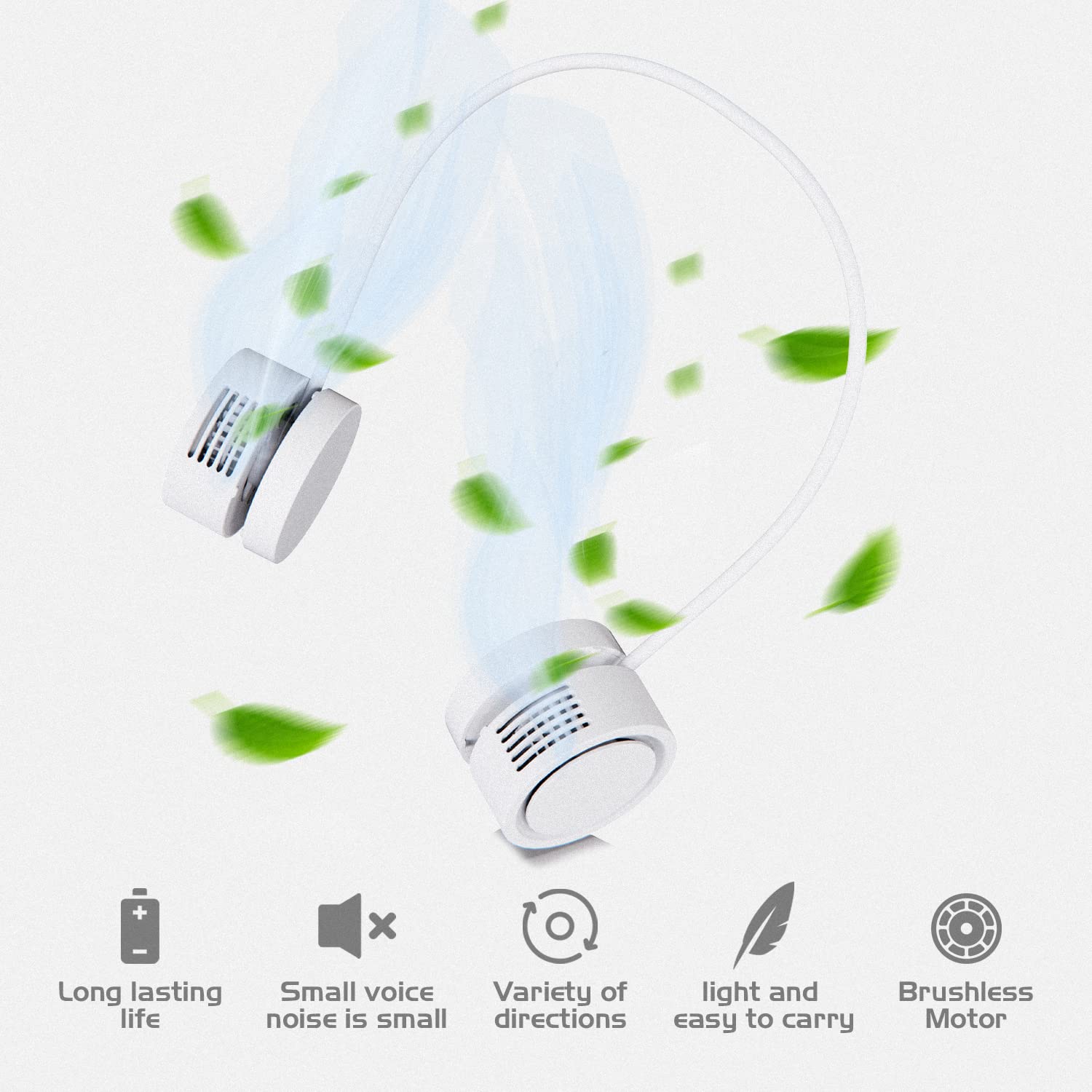 Ordbuum Portable Neck Fan - Hands-Free Mini Sports Fan with Rechargeable USB-C, 3 Speed Adjustable & Quiet Operation - Long Lasting Personal Fan for Adults & Kids - Perfect for Travel, Office, Outdoor Sports, Reading & Home Use (White)