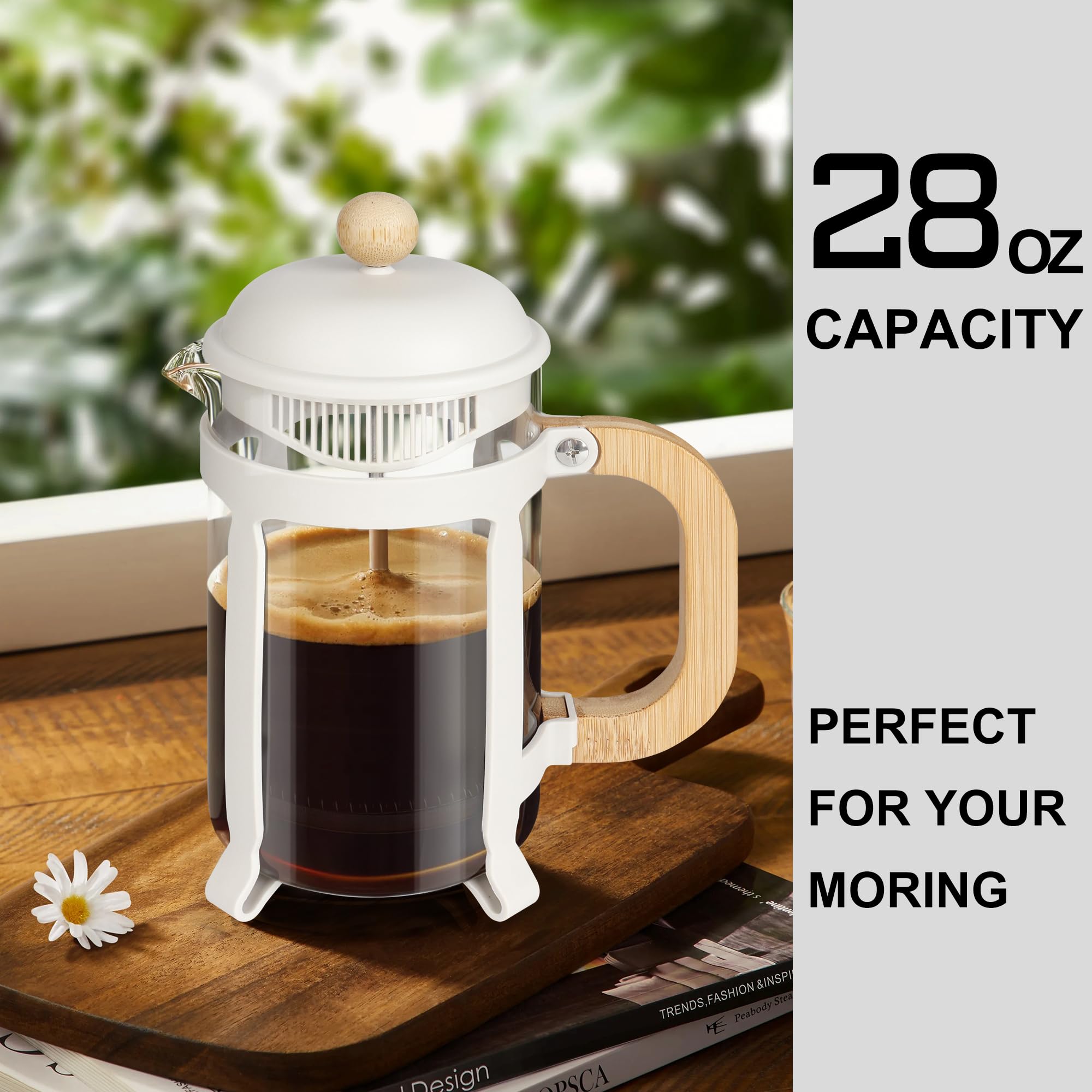 Premium 28oz French Press Coffee & Tea Maker - 304 Stainless Steel with Heat-Resistant Glass - White - Perfect for Home, Office & Camping Brewing
