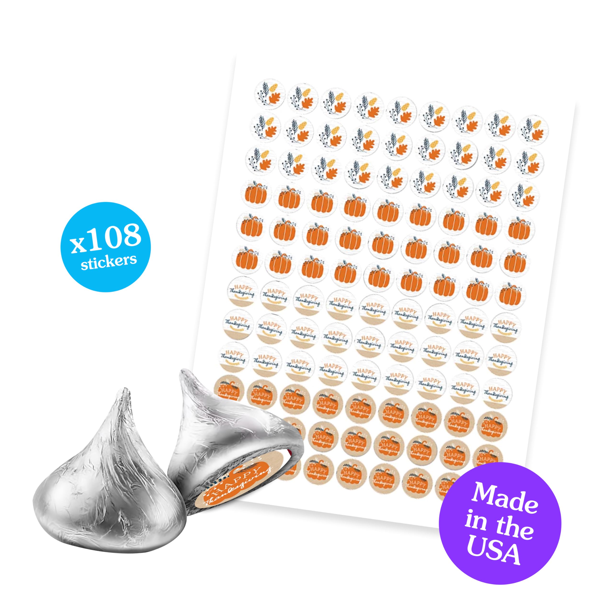 Happy Thanksgiving Candy Stickers - 108 Round Fall Harvest Party Labels for Chocolate Favors - Perfect for Thanksgiving Treats, Classroom Rewards & Holiday Party Decorations