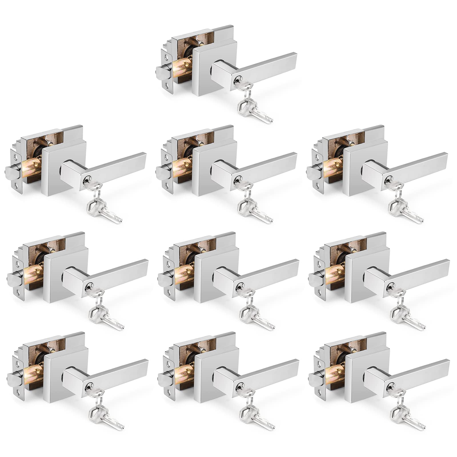 Gobrico 10-Pack Keyed Alike Square Door Handles - Polished Chrome Entry Levers for Front & Exterior Doors | Secure Home & Office Entry Locksets | Perfect for Residential, Commercial & Rental Properties