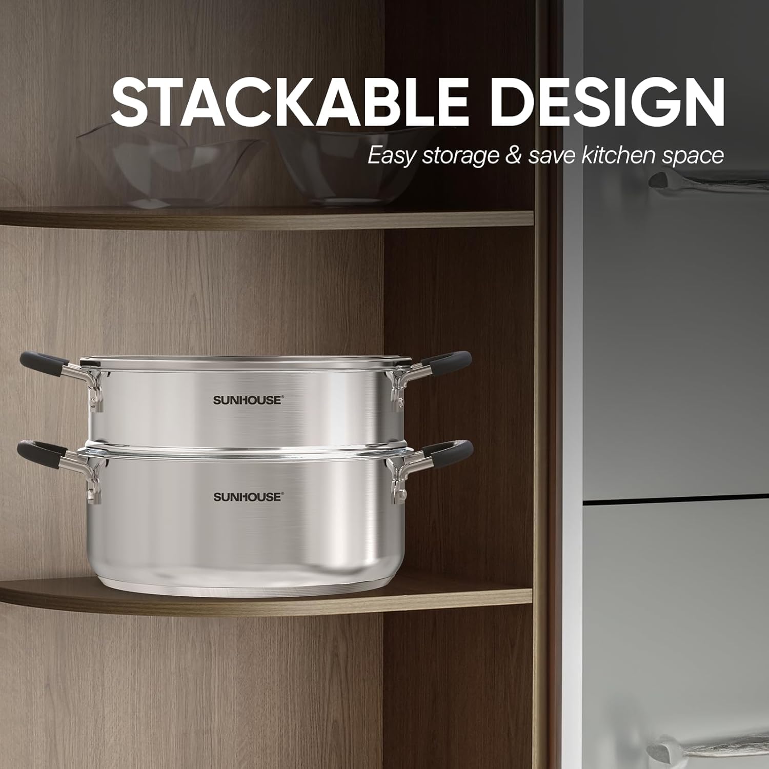 SUNHOUSE 4.6 Quart Stainless Steel Steamer Pot with Lid - 2-Tier Multipurpose Cookware for Vegetables, Dumplings, Sauces & More - Triple Bottom, Measurement Lines - Perfect for Home Cooking, Meal Prep & Healthy Eating
