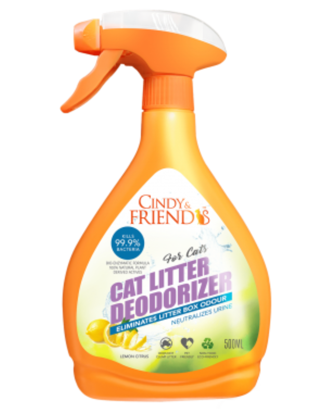 Cindy & Friends Cat Litter Deodorizer Spray - Lemon Citrus Scent, 500ml | Eliminates Odors & Freshens Litter Box | Safe for Cats & Kittens | Ideal for Multi-Cat Homes & Small Spaces