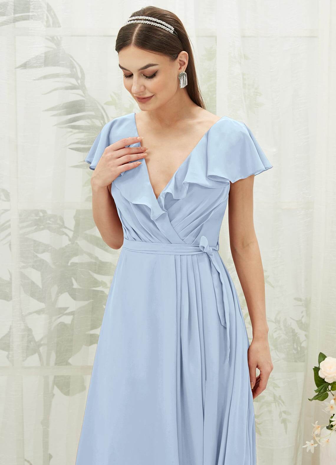 Cornflower Blue Chiffon Bridesmaid Dress with Ruffle Sleeves & V-Neck Slit - Elegant Formal Gown for Weddings, Prom, Evening Parties & Special Occasions