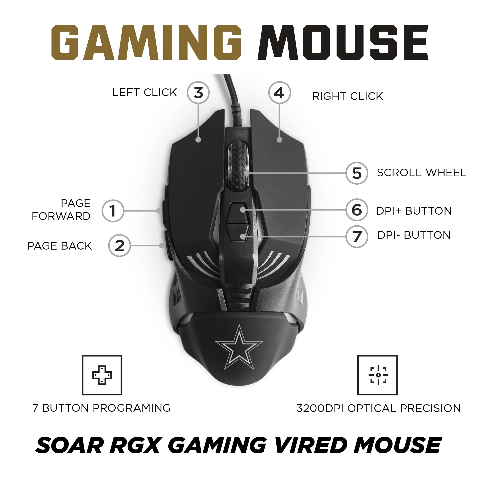 SOAR NFL Gaming Mouse V3 - Wired RGB Ergonomic Mouse with 7 Programmable Buttons for PC Gaming - Perfect for NFL Fans, Esports & FPS Games
