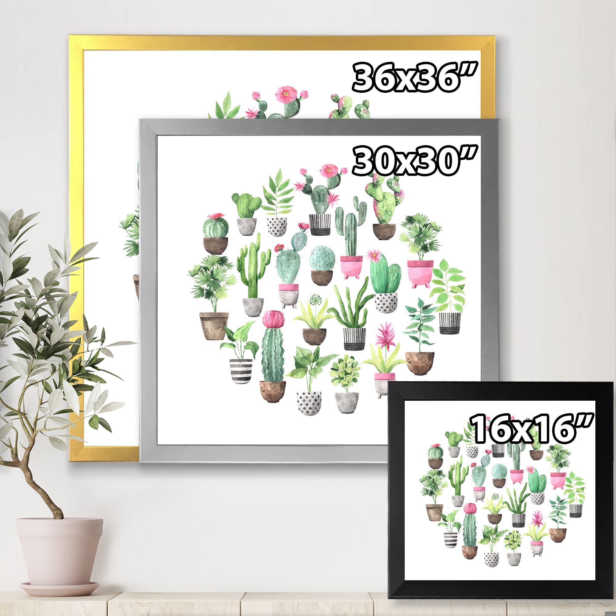 DesignQ Cacti in Ceramic Pots - Gentle Tone Traditional Framed Wall Art for Living Room, Bedroom & Office Decor