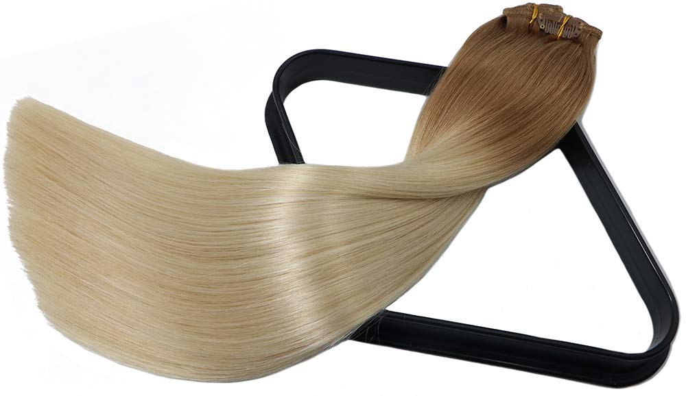 Aison 22 Inch Clip-in Human Hair Extensions - 7pcs 120g Golden Brown to Platinum Blonde Ombre Straight Wefts for Long Thick Hair | Perfect for Parties, Weddings & Daily Styling