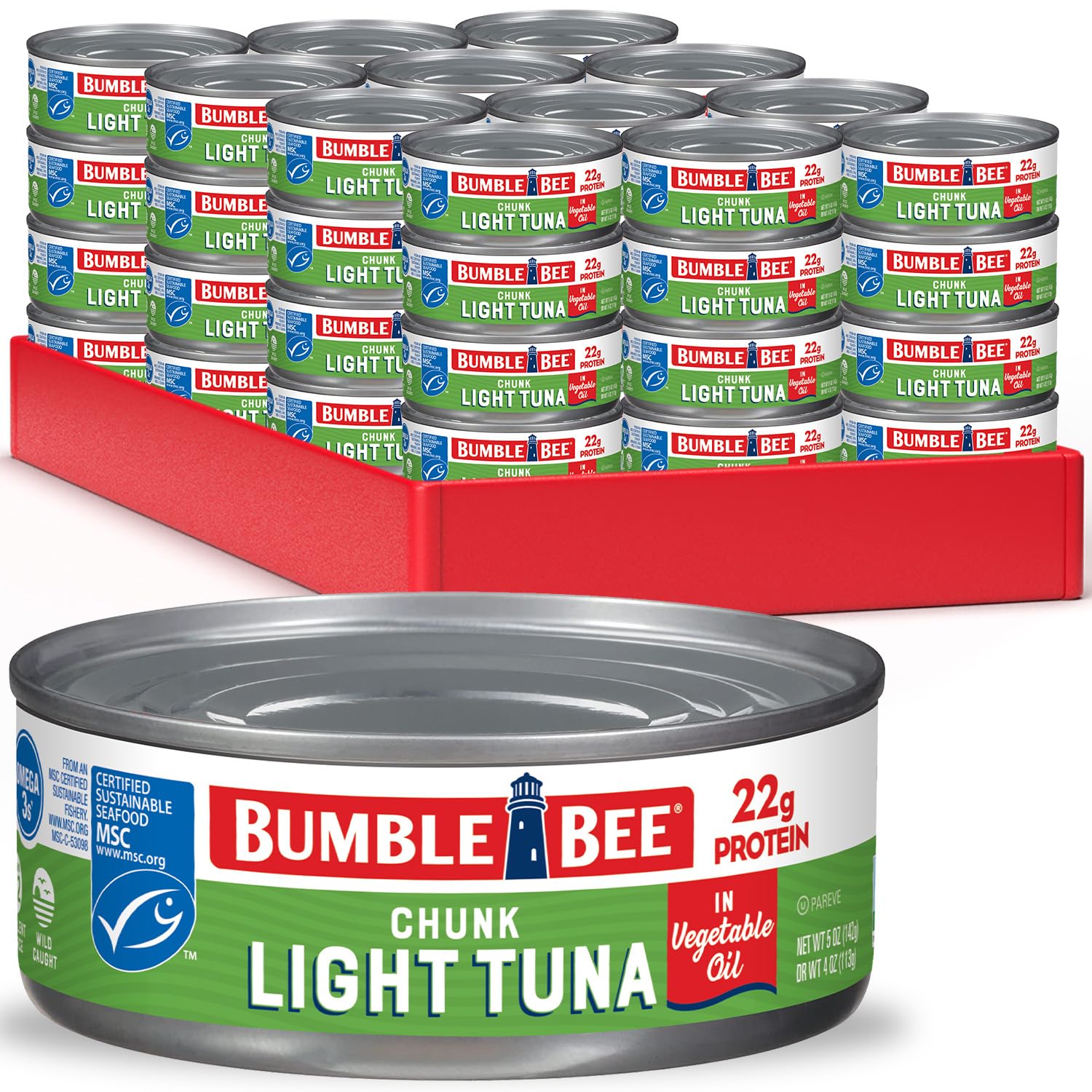 Bumble Bee Chunk Light Tuna in Oil - Wild Caught Skipjack Tuna (5 oz Cans, Pack of 48) | 22g Protein, MSC Certified Sustainable Seafood | Non-GMO, Gluten Free, Kosher | Perfect for Salads, Sandwiches & Quick Meals
