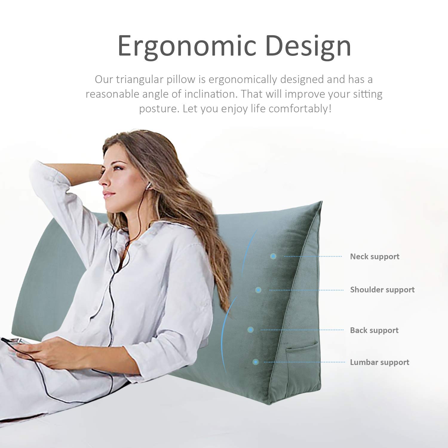 Johnear Velvet Large Headboard Pillow - No Buttons, Triangular Wedge Pillow for Bed Support, Reading & Rest, Upholstered Backrest with Removable Cover - Perfect for Back Pain Relief, Lounge Chair Support & Bedroom Decor