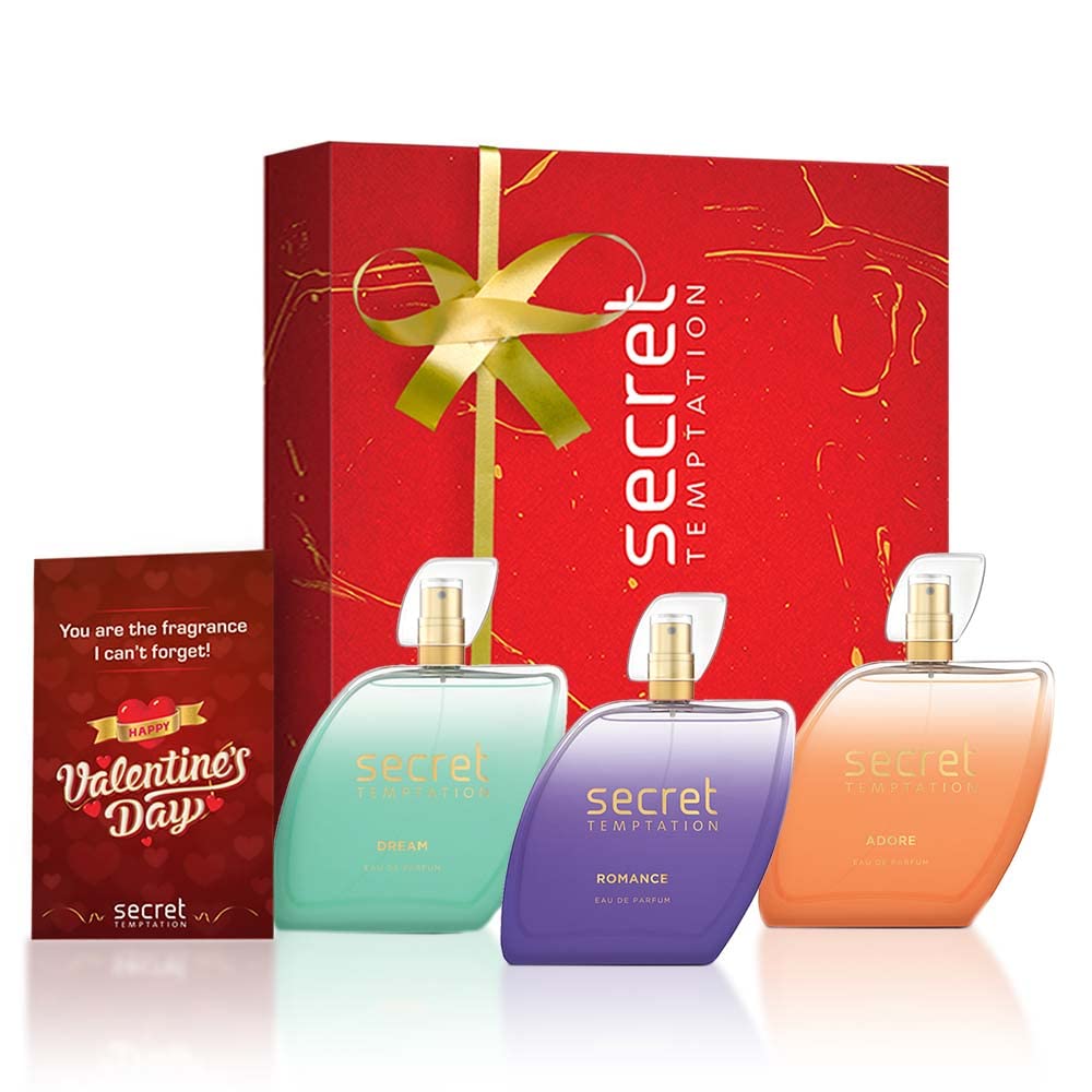 Secret Temptation Valentine's Day Gift Set - 3 x 50ml Perfume Bottles (Adore, Dream & Romance) - Perfect Romantic Gift for Her, Anniversary & Date Night