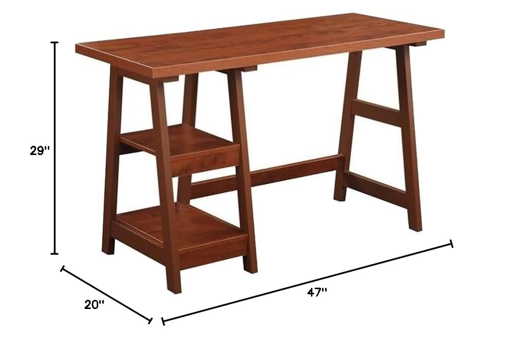 Pemberly Row Modern Wood Trestle Desk with Storage Shelves - Cherry Finish Home Office Furniture for Work & Study