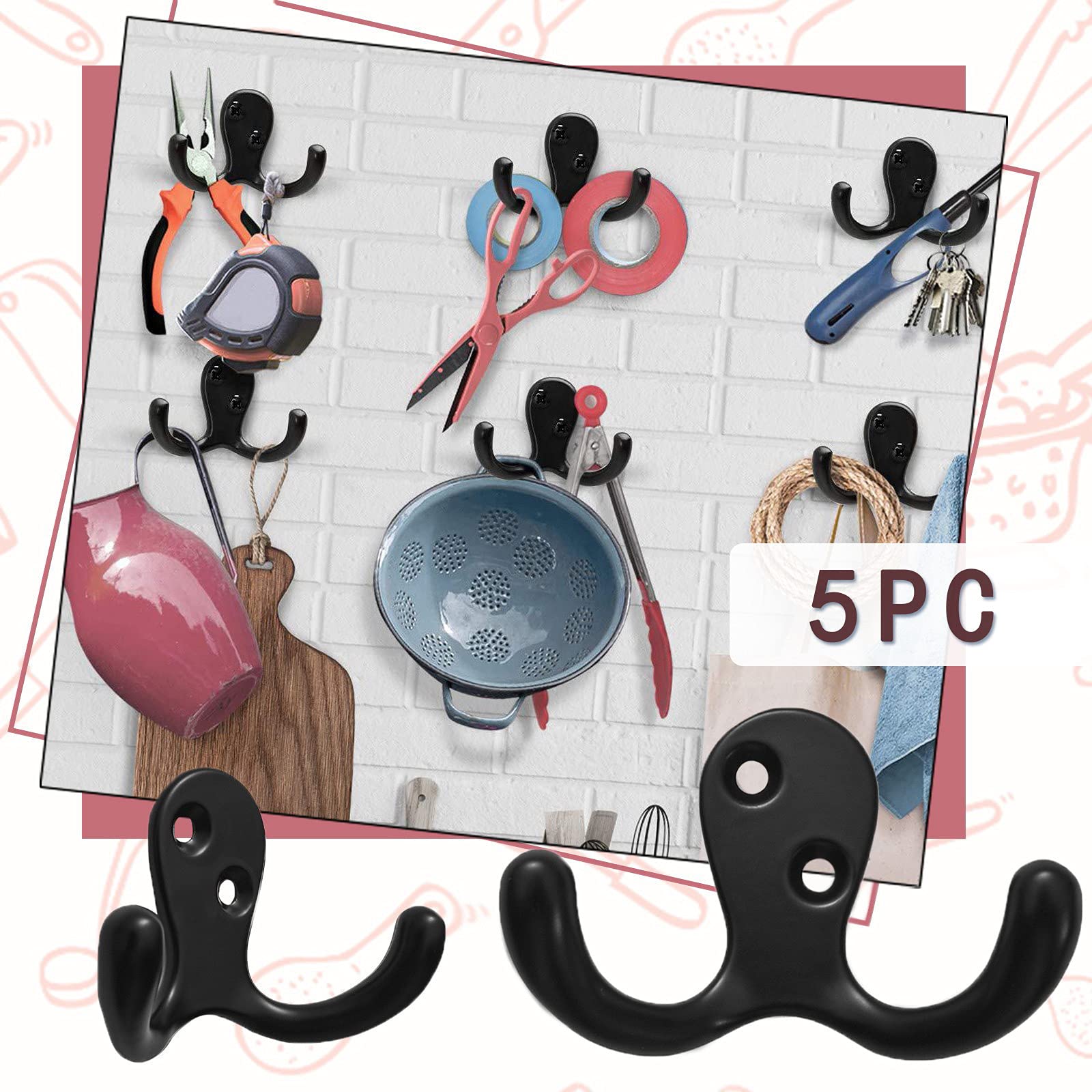 iLXHD Heavy Duty Wall Hooks - 5 Pack Double Prong Utility Hooks for Coats, Hats, Bags & Organizing - Great for Home, Office & Garage Storage (Black)