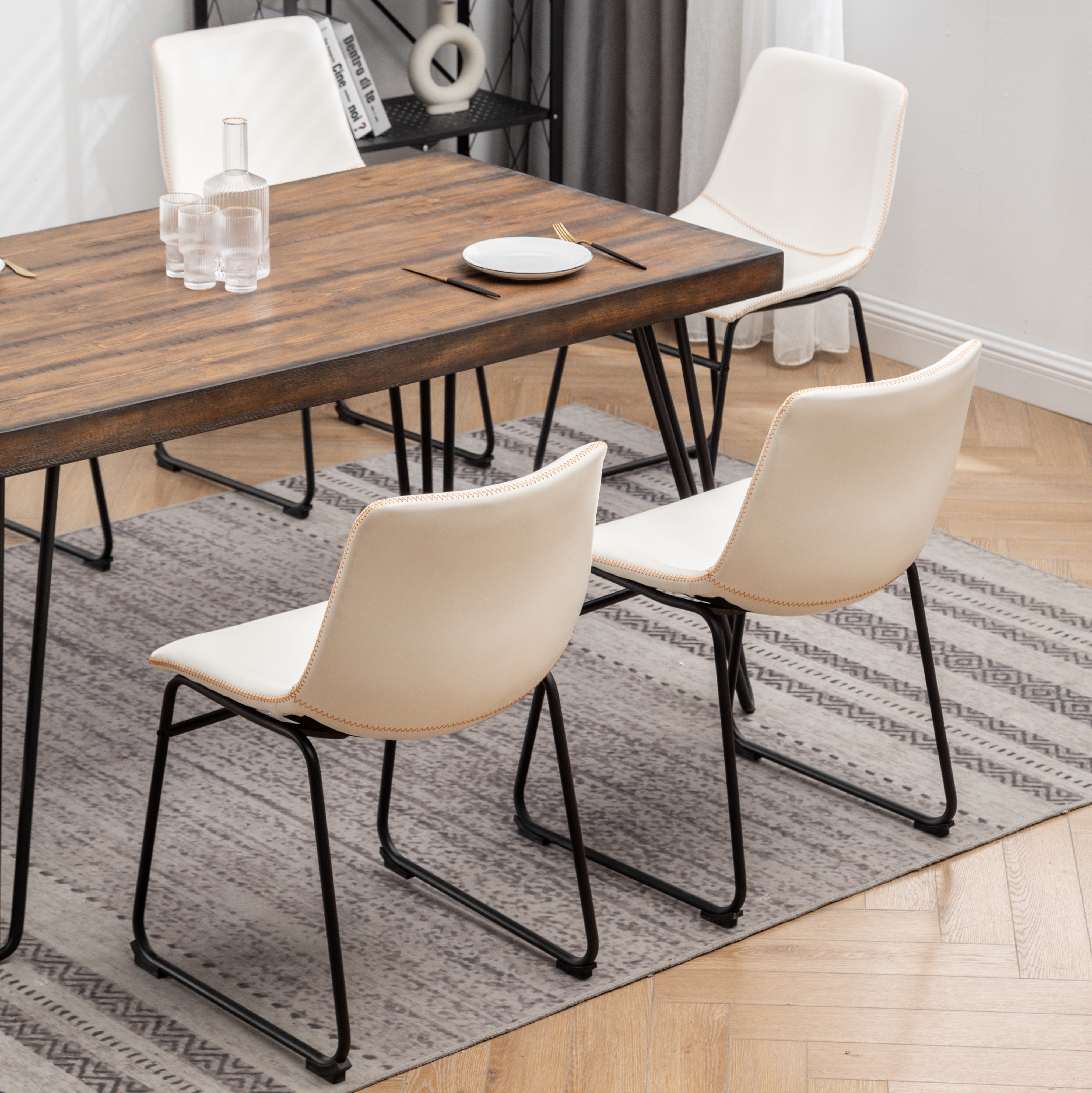 Roundhill Furniture Aryven 7-Piece Industrial Dining Set - Rustic Dark Pine Table & 6 Faux Leather Chairs for Kitchen, Dining Room & Restaurant Decor