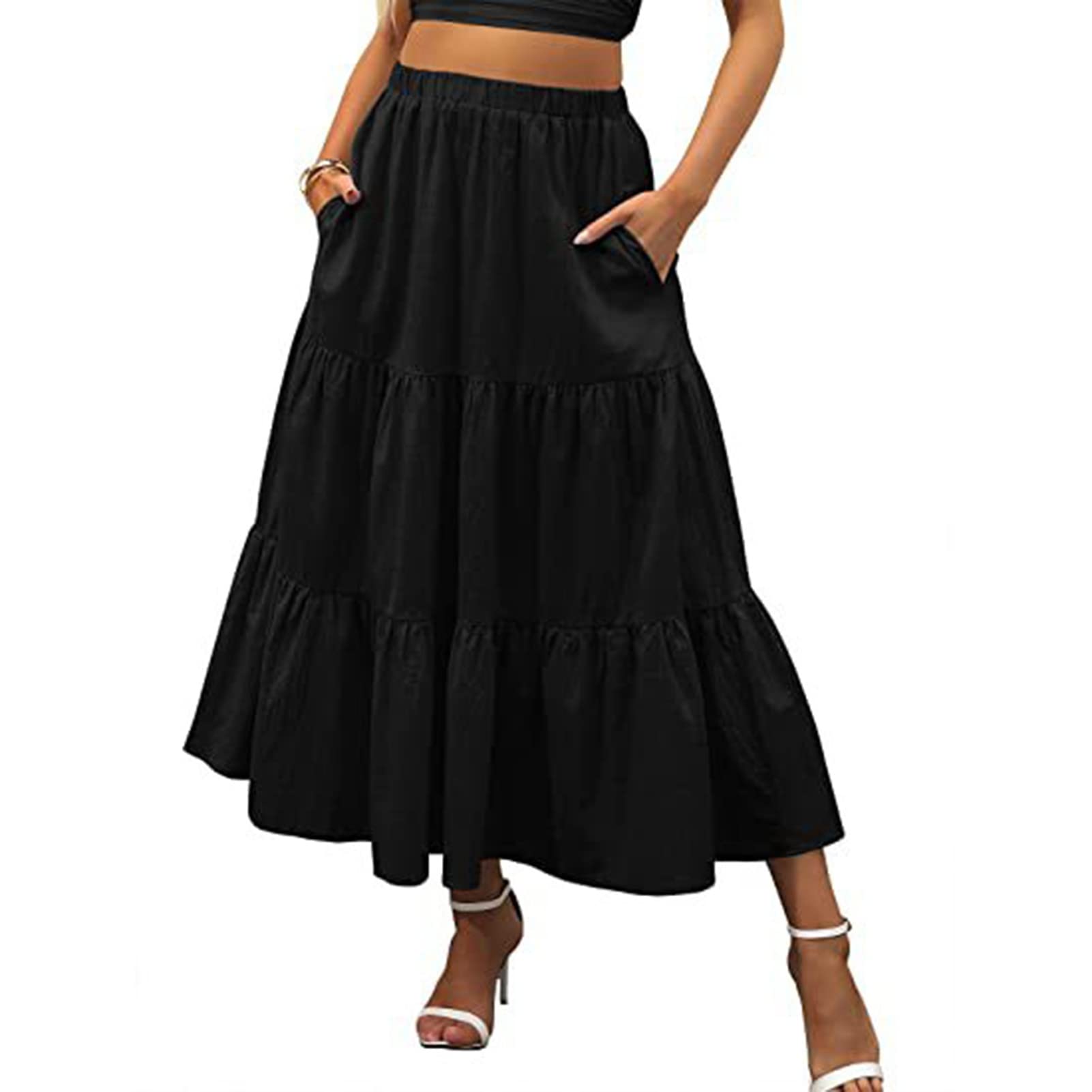Kasituny Women's Bohemian Plaid Long Skirt with Elastic Waist - Flowy A-Line Maxi Skirt for Casual & Streetwear (Black, Size S) | Perfect for Festivals, Beach Outings & Everyday Wear