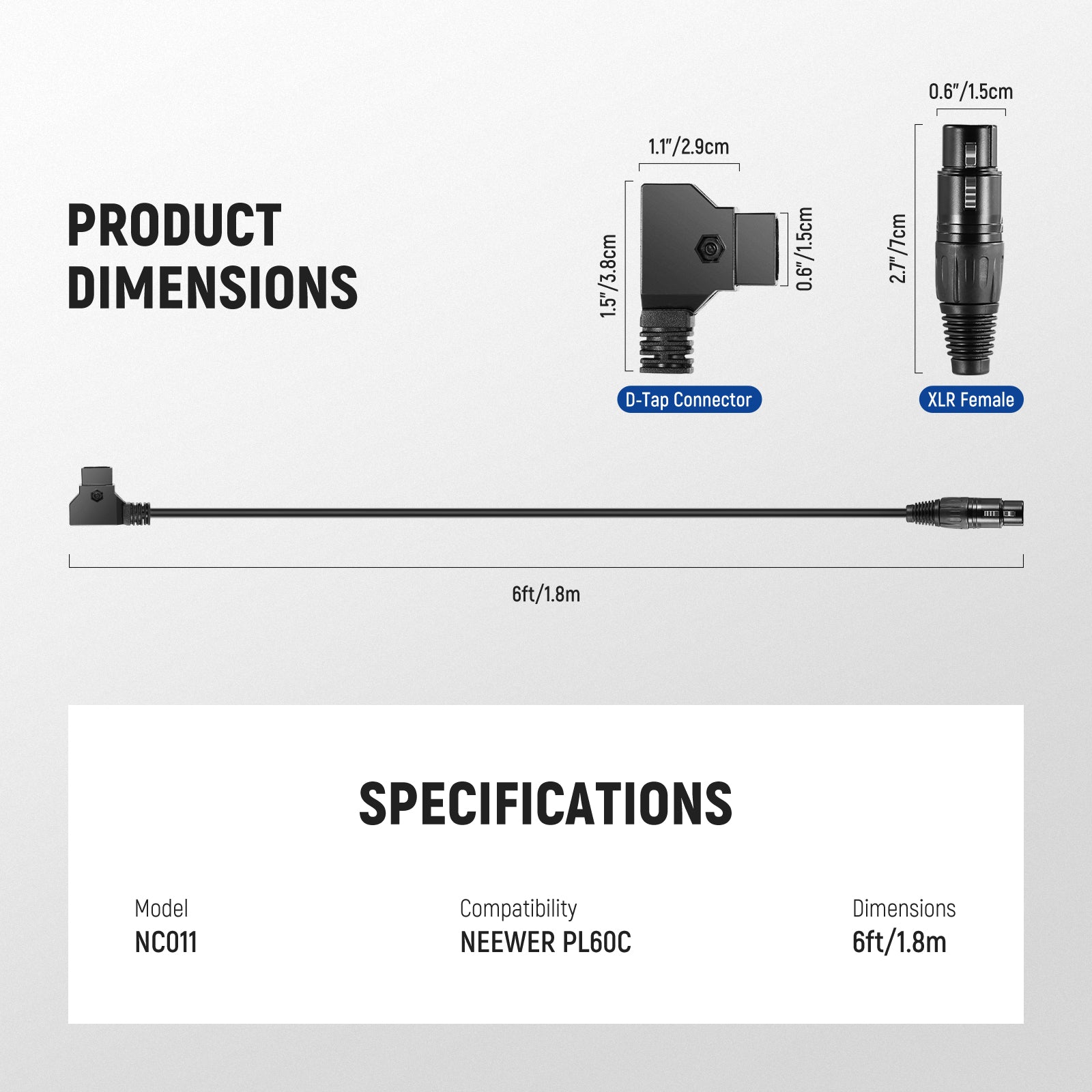NEEWER NC011 D-Tap to 4-Pin XLR Power Cable for PL60C LED Video Light - Perfect for Studio Lighting, Photography, and Film Production