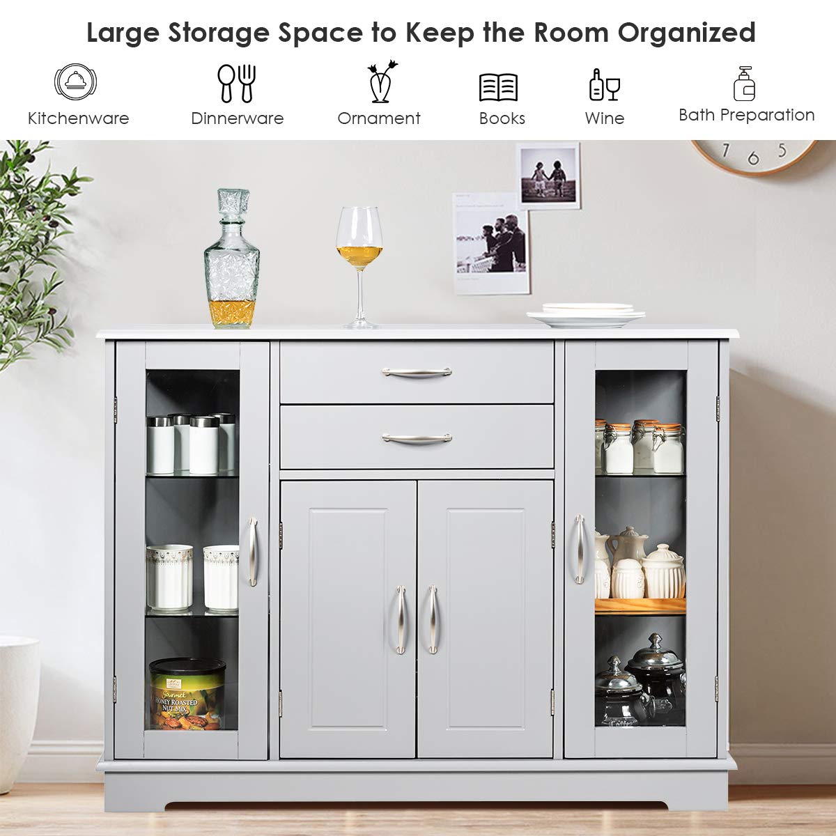 Giantex Gray Sideboard Buffet Server with 2 Drawers & 3 Cabinets - Kitchen Storage Cabinet with Glass Doors for Dining Room Furniture, Cupboard Console Table - Perfect for Entertaining, Holiday Serving & Home Organization