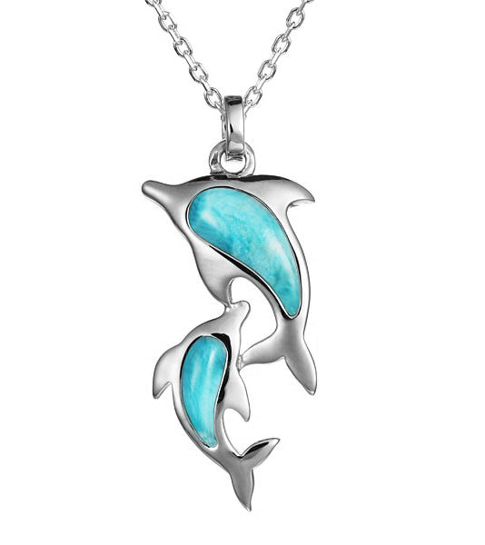 Larimar Dolphin Pendant Necklace - Genuine Larimar Stone Silver Jewelry for Women - Perfect for Beach Vacations & Spiritual Healing