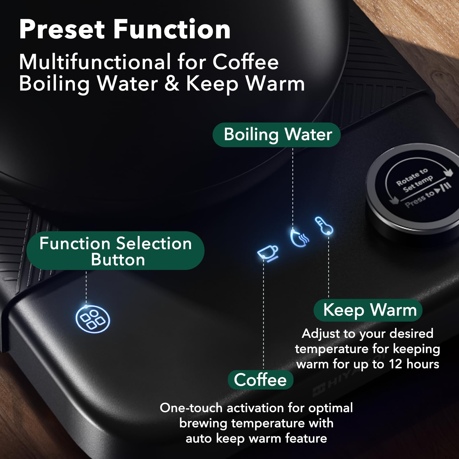 HIYAKOI Gooseneck Electric Kettle with Precise Temperature Control - 1200W Fast Heating Stainless Steel Pour Over Kettle for Coffee & Tea (0.8L) - Keep Warm Function - Perfect for Home Brewing, Office Use, and Gift Giving