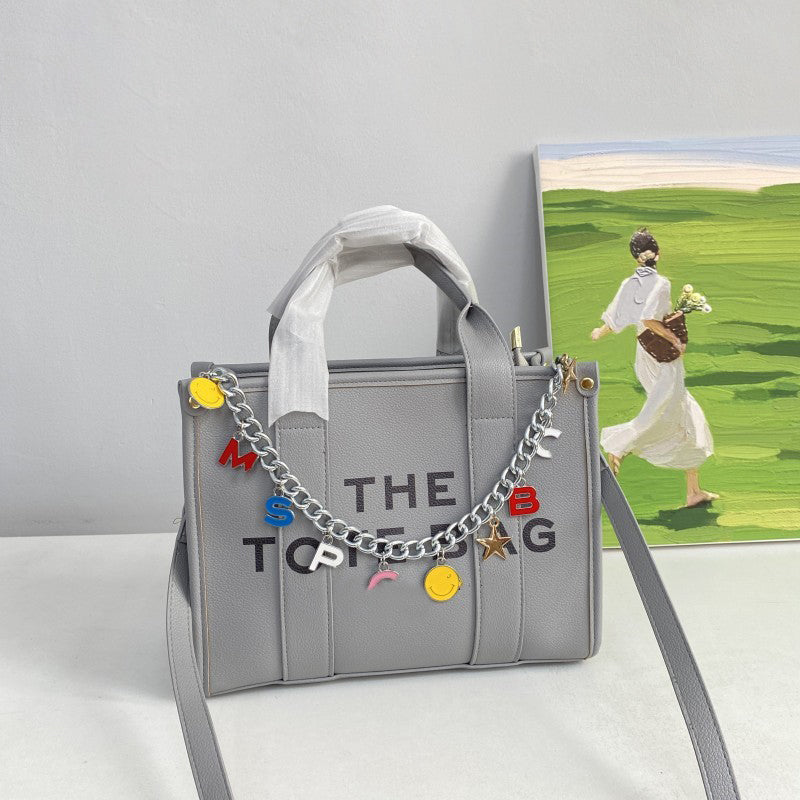 Stylish Letter Chain Tote Bag for Women - Trendy Canvas Shoulder Bag with Metal Chain Strap - Perfect for Shopping, Beach, Work & Daily Use