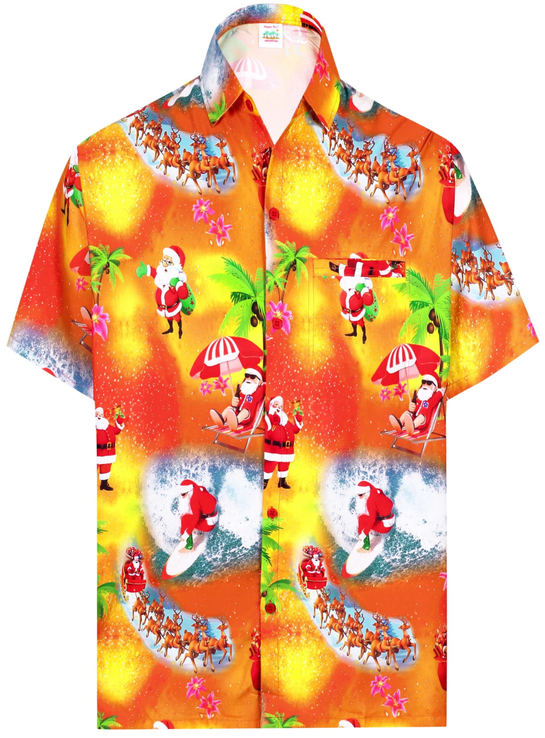Happy Bay Men's Hawaiian Christmas Tree Short Sleeve Button Down Shirt - Tropical Vacation Beach Shirt for Summer, Luau Party & Holiday Festivals