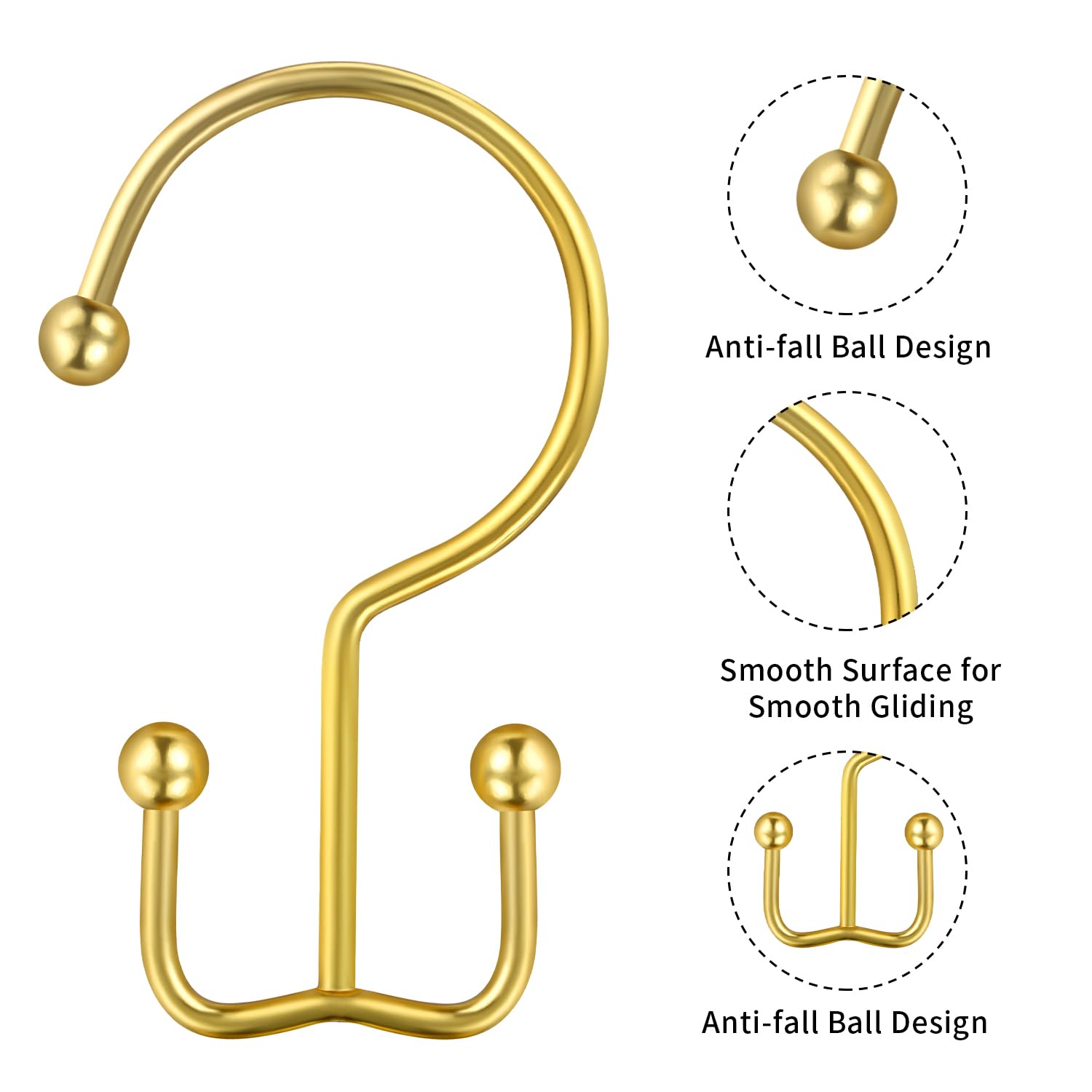Premium Gold Shower Curtain Hooks - 12 Pack Stainless Steel Double Rings with Anti-Rust & Anti-Drop Design for Bathroom Decor - Perfect for Luxury Hotels, Spa Resorts and Modern Home Bathrooms