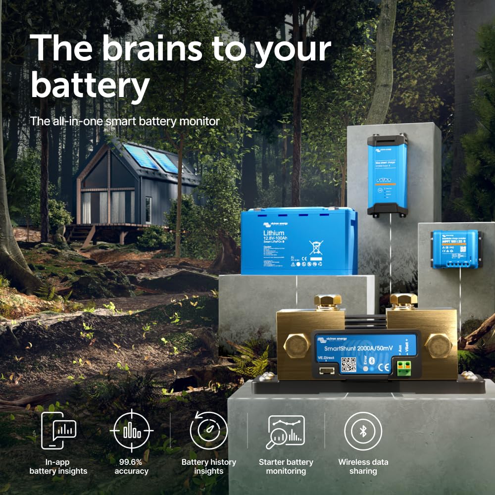 Victron Energy SmartShunt 2000A Bluetooth Battery Monitor - Accurate Battery Voltage & Current Tracking for RVs, Boats & Solar Systems