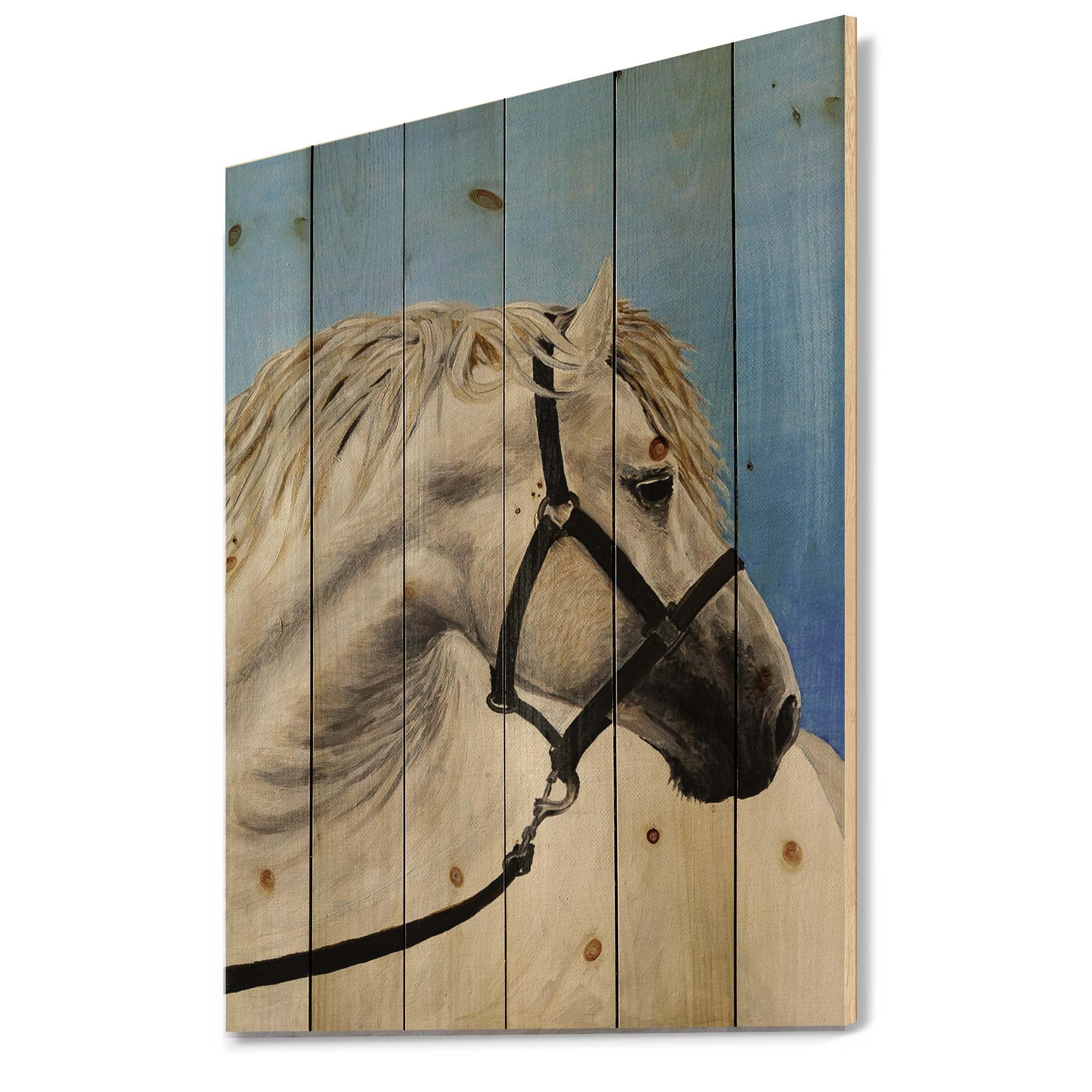 DesignQ White Horse in Furrow Farmhouse Wood Wall Art - Large Animal Print on Natural Pine Wood Panel - Rustic Home Decor for Living Room, Bedroom & Office