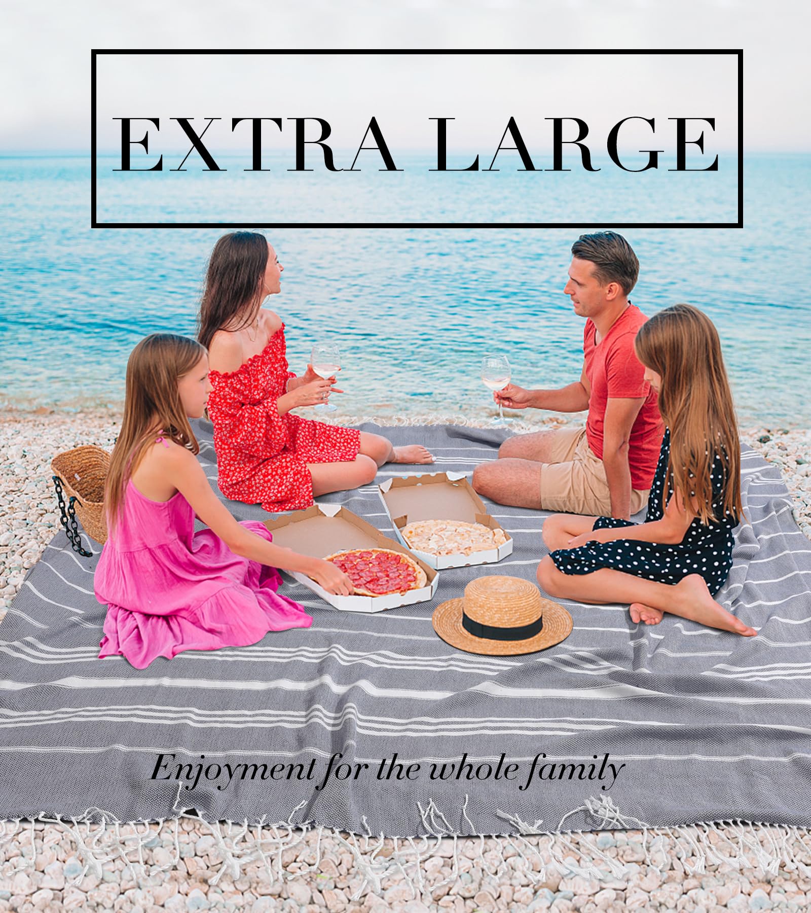 Extra Large Turkish Beach Towel - Boho Cotton Throw Blanket for Pool, Beach & Picnic | Quick-Dry, Sand-Free Microfiber | Oversized 2-Person Blanket for Women & Adults | Perfect for Outdoor Lounging, Travel & Yoga