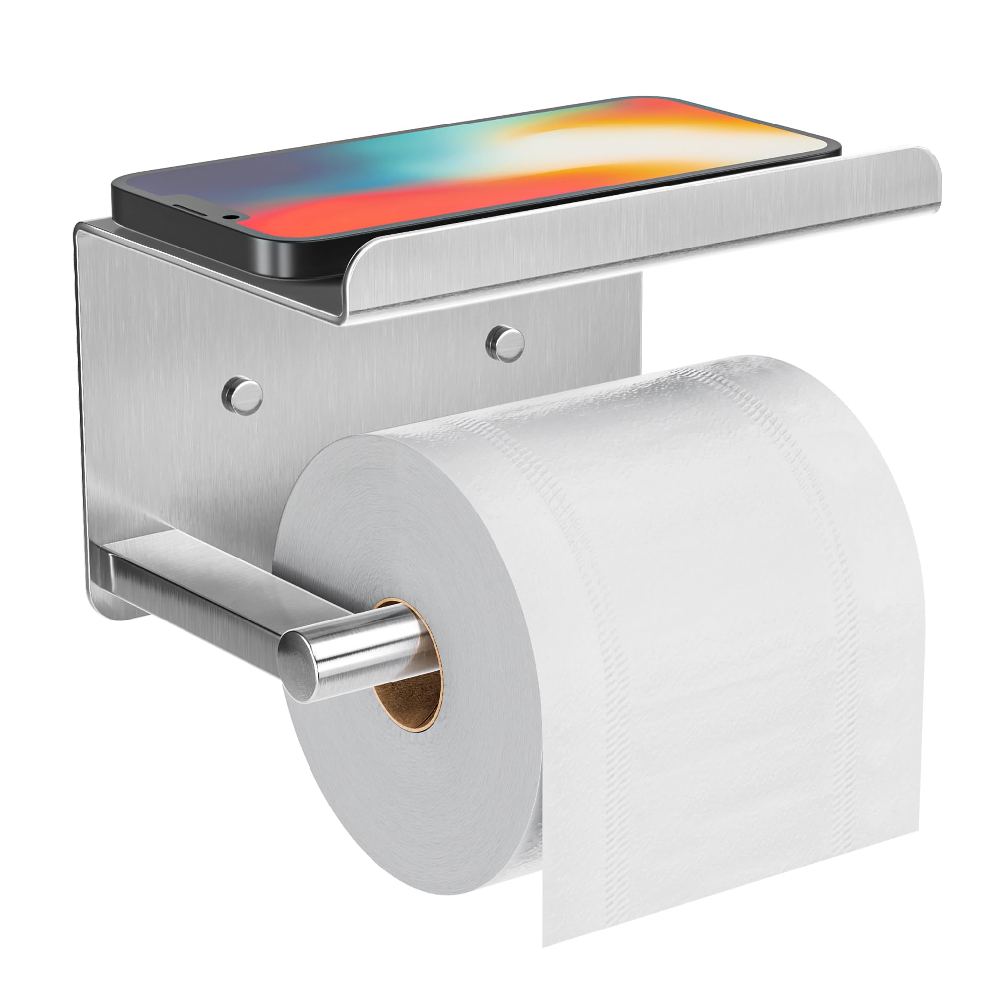 Stick-On Toilet Paper Holder with Phone Shelf - Wall Mounted Rustproof Bathroom Tissue Roll Holder with Storage Shelf - Space Saving Bathroom Organizer for Small Spaces (Silver) - Perfect for Apartments, RVs, and Compact Bathrooms