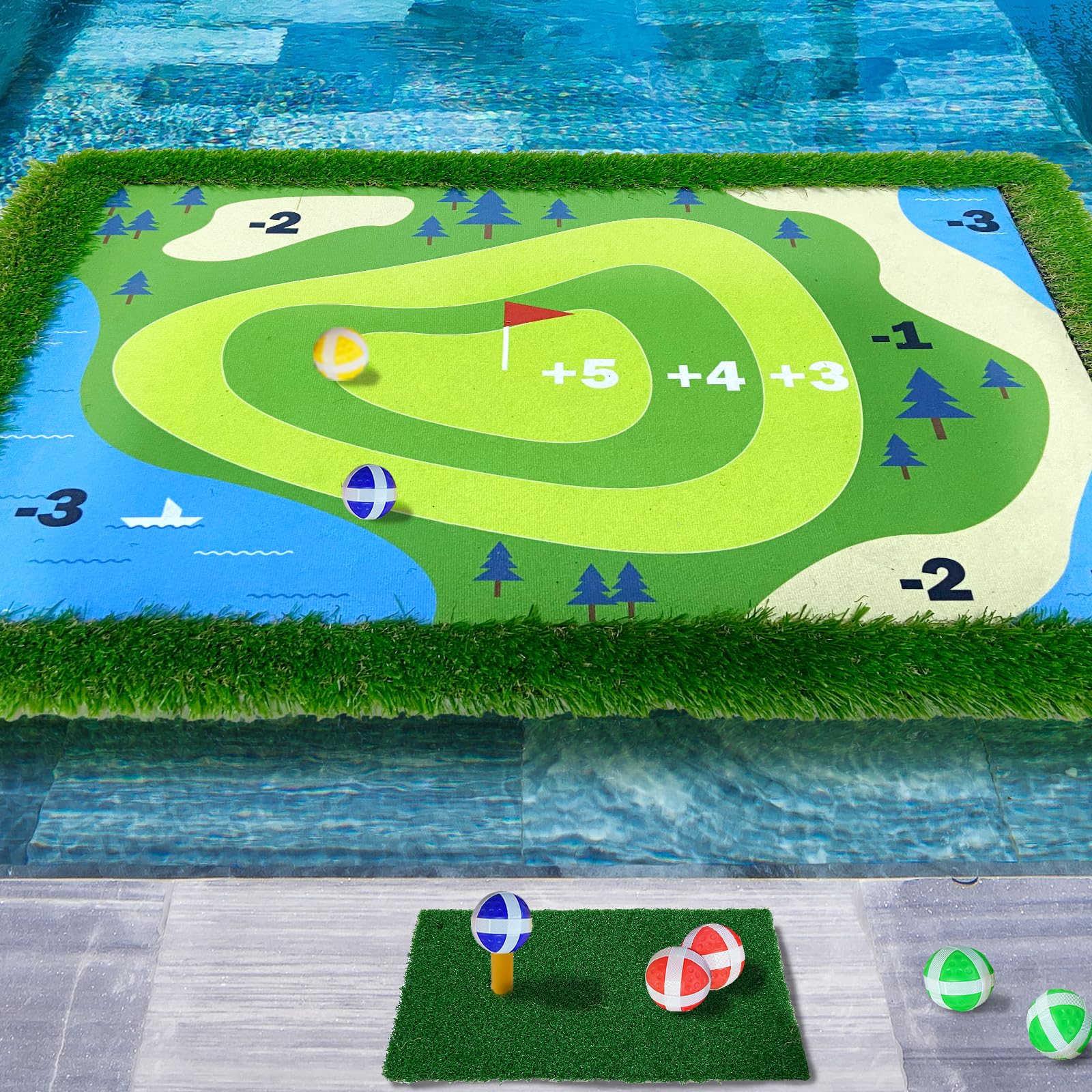 **Floating Golf Green for Pool - Golf Chipping Game Set with Chipping Mat, 20 Colored Balls & Scorecard | Fun Adult Pool Golf Games Gift | Supports 4 Players (47