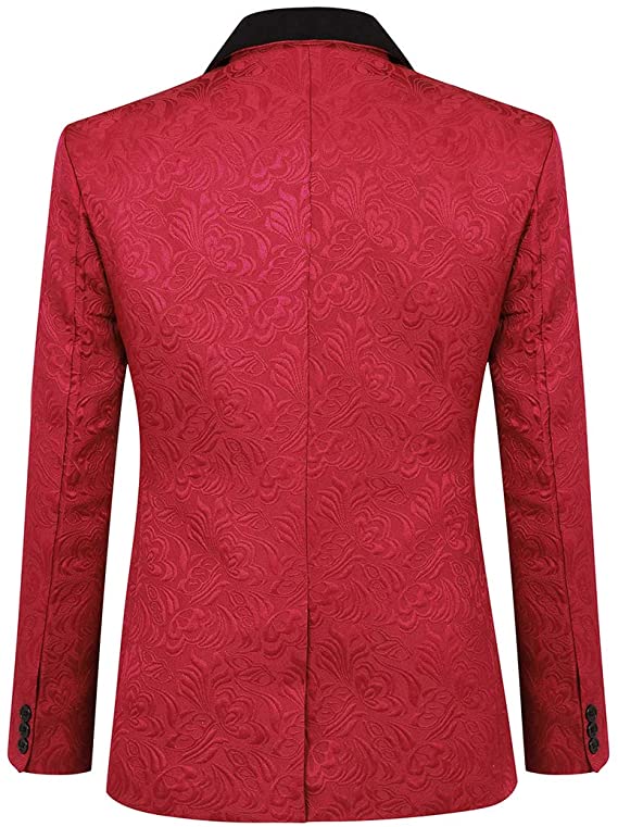 Red Men's 3 Piece Slim Fit Jacquard Tuxedo Suit Set with One Button Shawl Collar Blazer, Vest & Trousers - Formal Wedding, Prom, Business Attire - CB07143