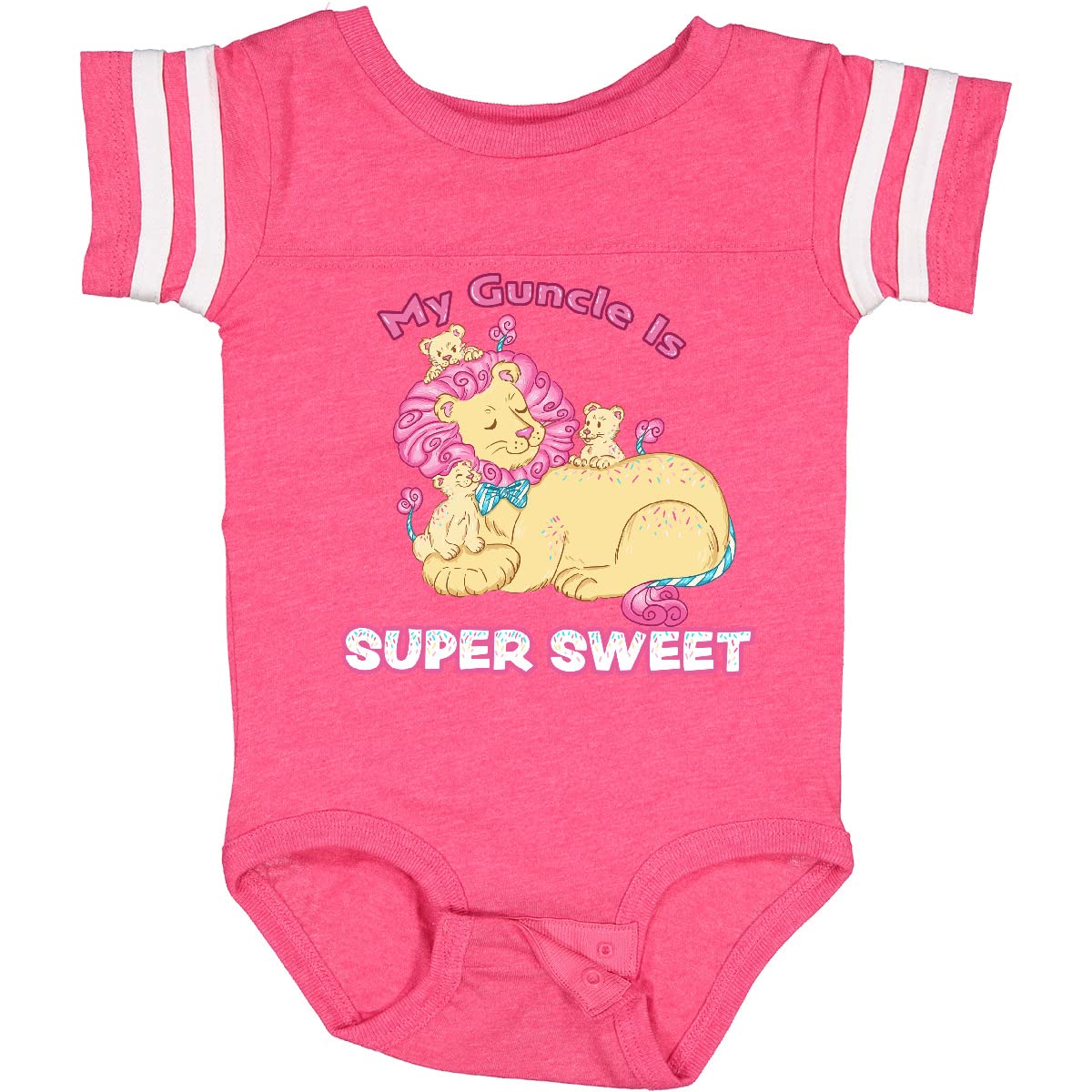 Inktastic My Guncle is Super Sweet Cotton Candy Lions Baby Bodysuit - Pink Cute Outfit for Infants, Toddler Gift Idea, Fun Family Matching Outfits, Baby Shower Present