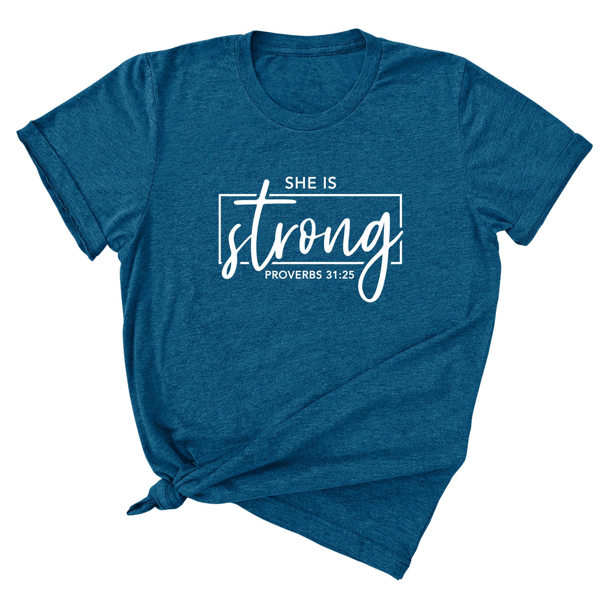 She is Strong Proverbs 31:25 Christian T-Shirt - Inspirational Bible Verse Graphic Tee, Positive Faith Apparel for Women - Perfect for Church, Bible Study & Daily Encouragement