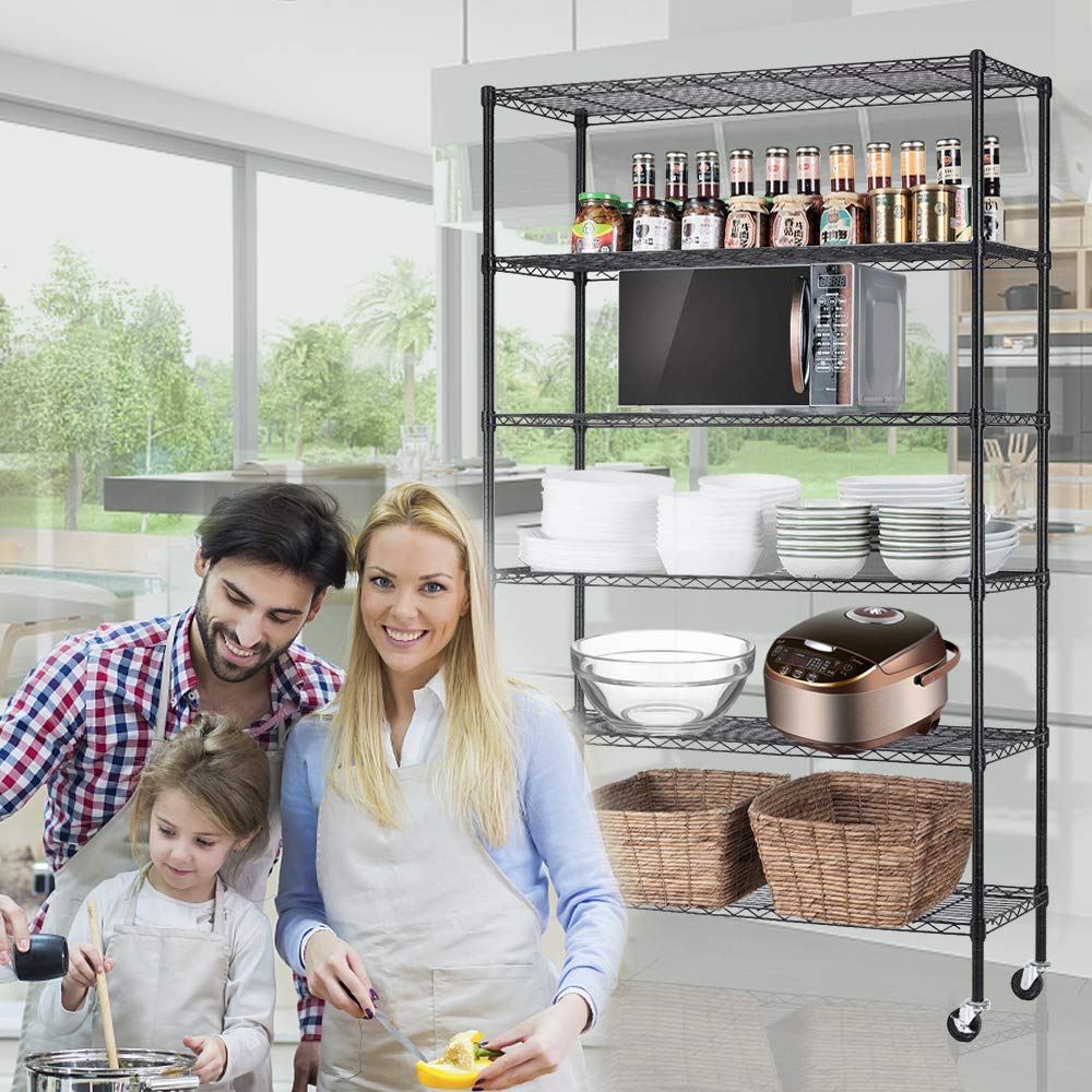 6-Tier Heavy Duty Metal Wire Shelving Unit with Wheels - Adjustable Height 48