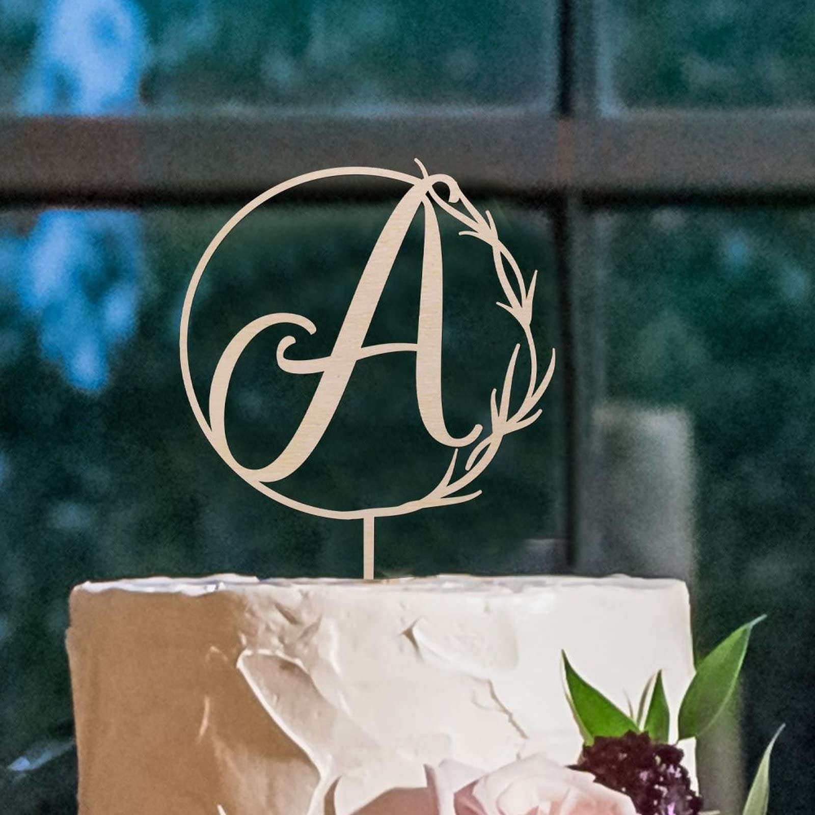 Personalized Wooden Monogram Cake Topper - Letter A Rustic Wedding & Birthday Cake Decoration - Custom Initial Wreath Topper for Wedding Cakes, Birthday Parties & Special Events (Design 06, A)