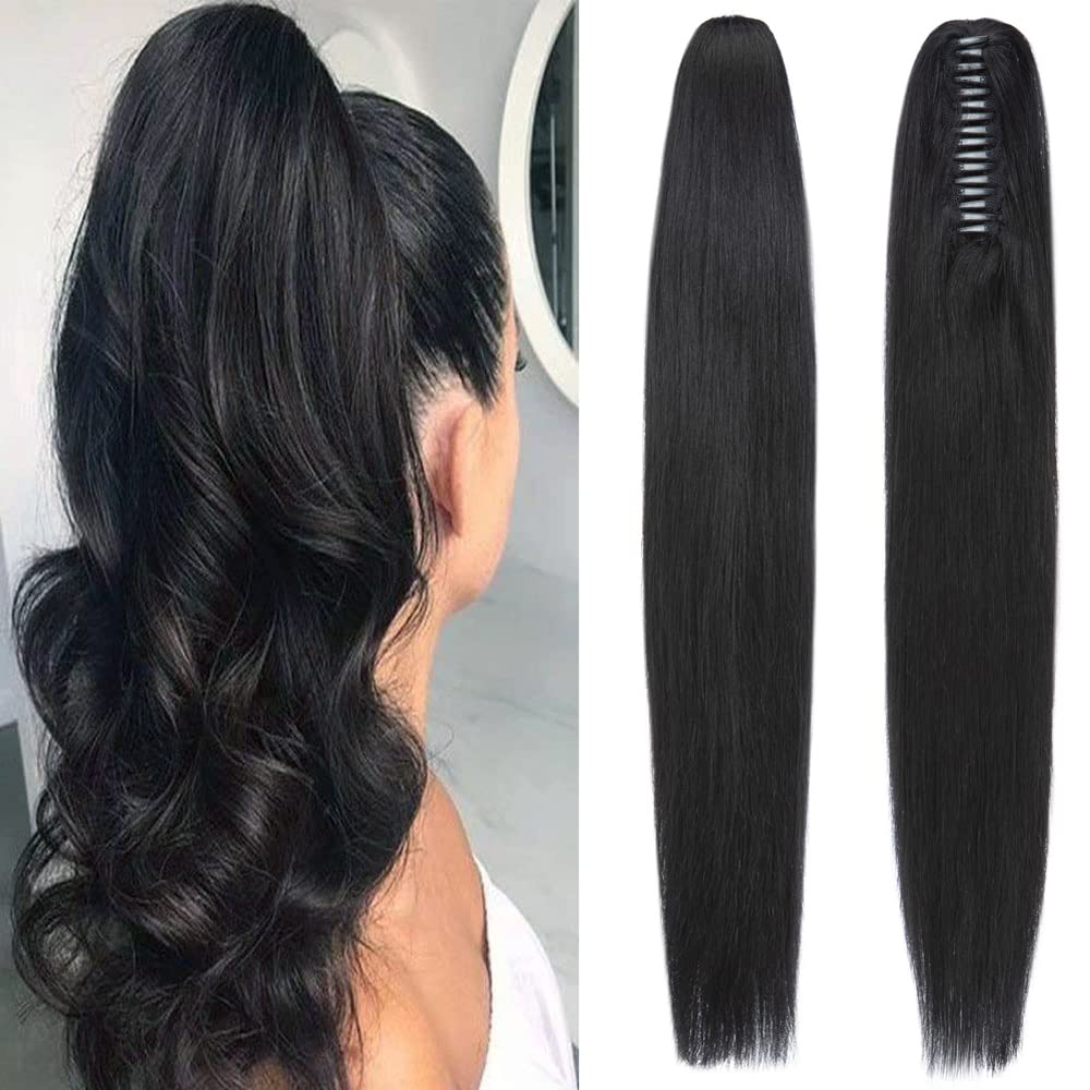 Rich Choices Jet Black 22 Inch 120g One Piece Claw Clip Human Hair Ponytail Extension - Real Hair Balayage Straight Ponytail for Women - Perfect for Parties, Weddings & Everyday Styling