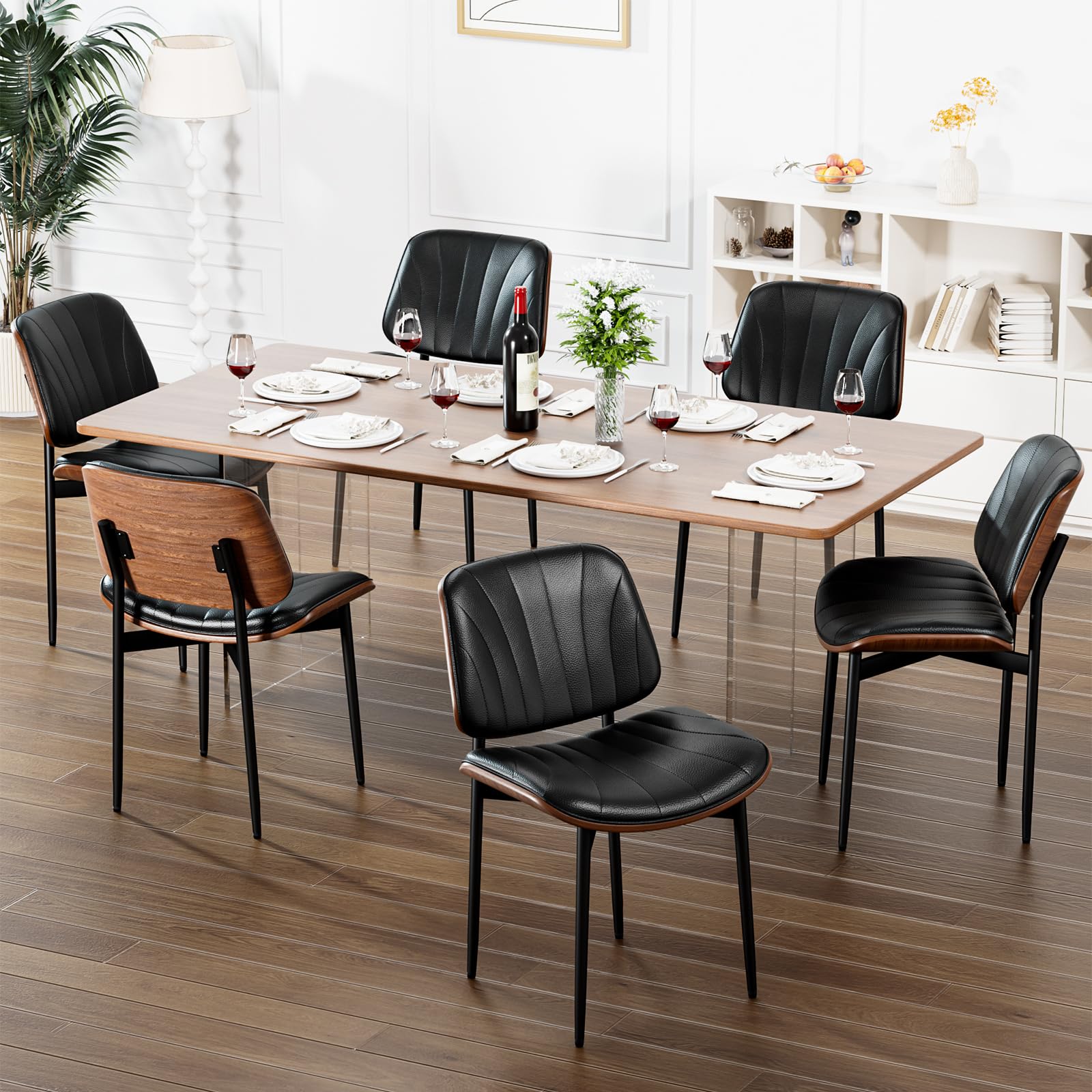 4-Piece Mid Century Modern Dining Chairs Set - FSC Certified PU Leather Upholstered Chairs with Walnut Bentwood & Metal Legs - Perfect for Kitchen, Dining Room or Vanity Area - Black Contemporary Seating