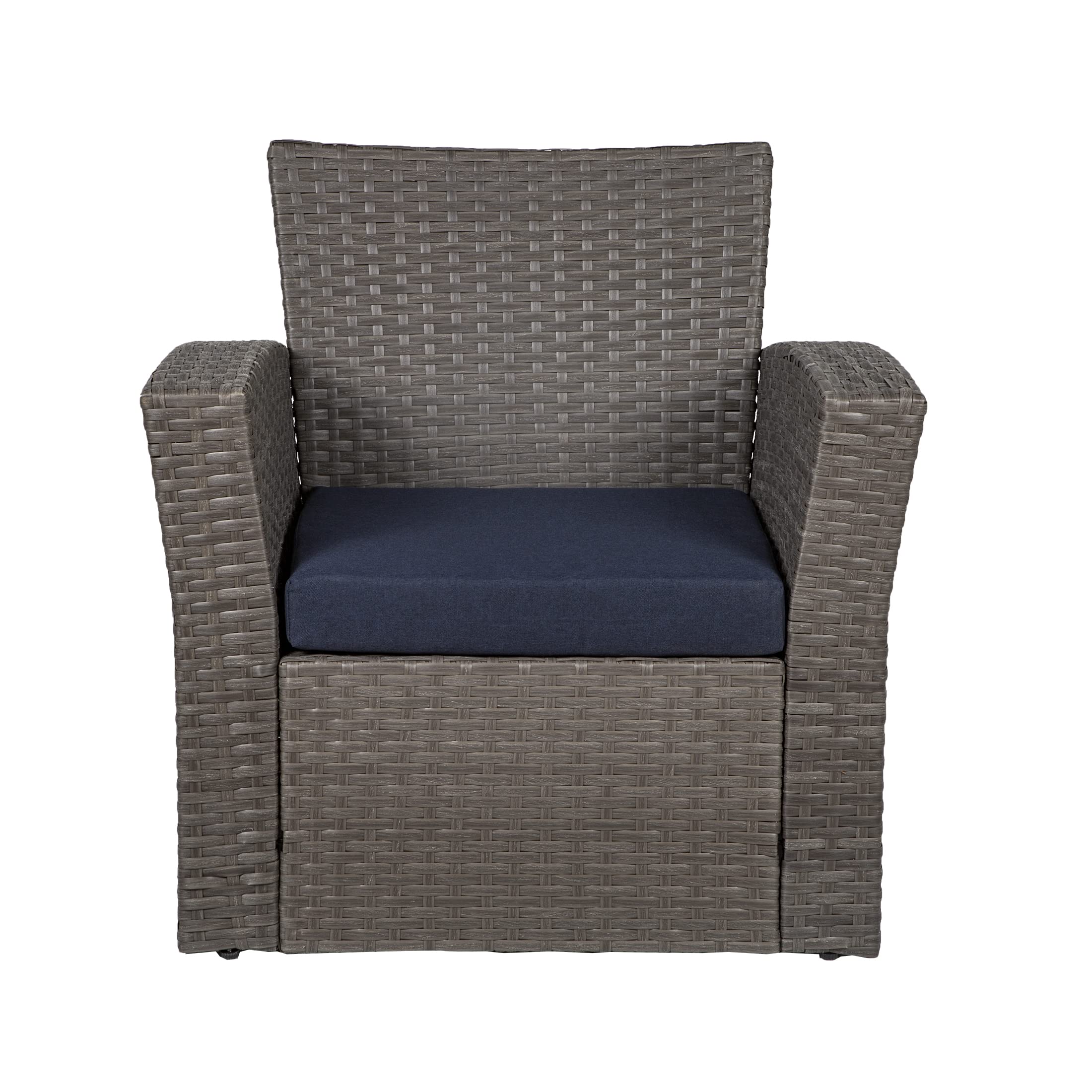 WO Home Furniture 4-Piece Patio Conversation Set - Gray Rattan Wicker Sofa, Chairs & Coffee Table with Navy Blue Pillow Cushions | Outdoor Garden Furniture for Backyard, Poolside & Terrace Relaxation