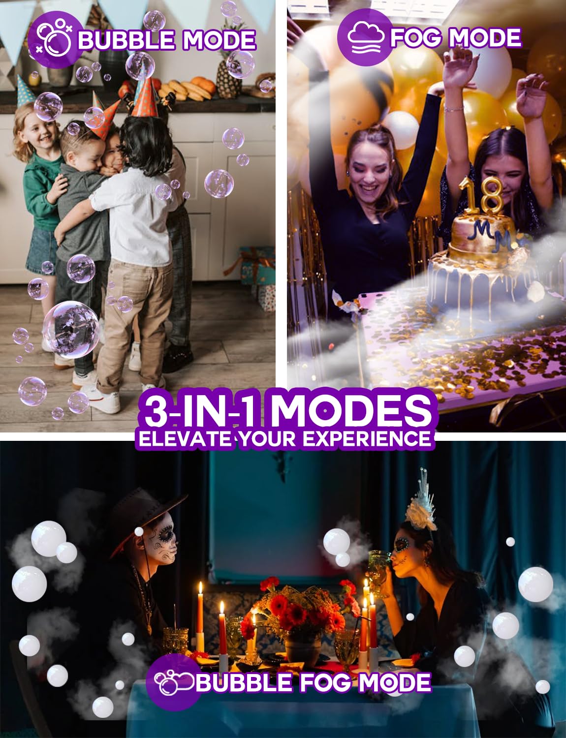 Lumoonosity 3-in-1 Fog Bubble Machine - Indoor/Outdoor Bubble & Fog Maker with LED Lights for Halloween, Weddings, Parties, and Events - Creates Magical Smoke Bubbles for Themed Decorations and Entertainment