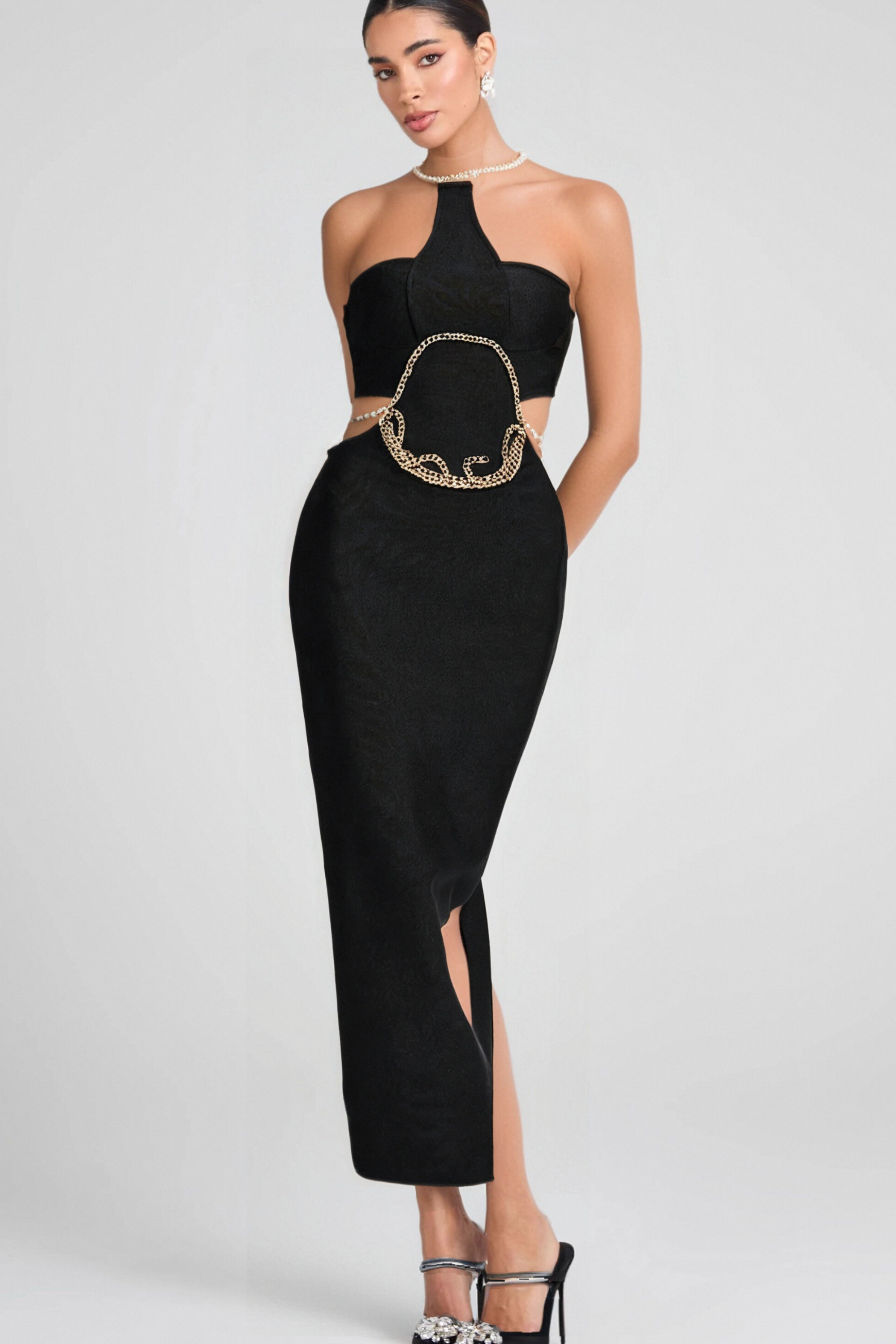Elegant Gold Chain Waist Cutout Bandage Bodycon Dress for Women - Perfect for Evening Parties, Date Nights & Special Occasions