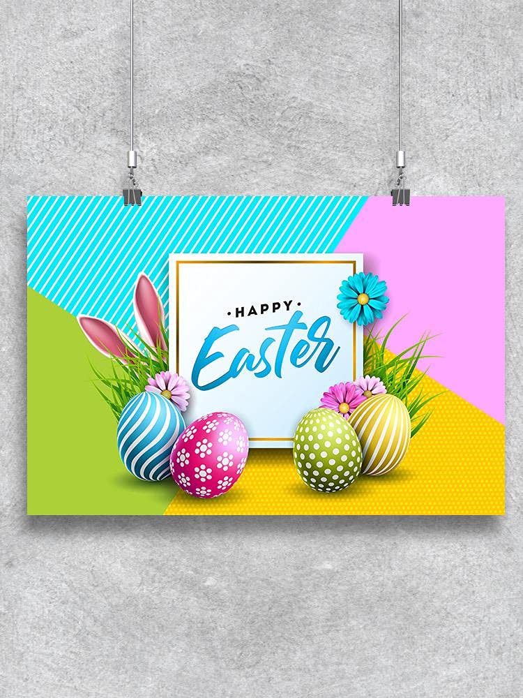 Happy Easter Eggs and Rabbits Poster - Colorful Spring Decor for Home, Classroom, and Party Celebrations