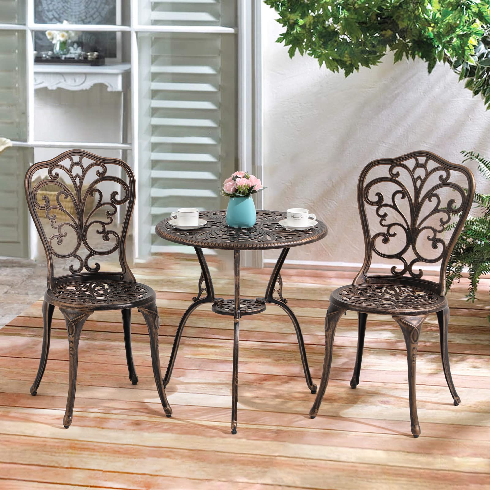 COBANA 3-Piece All-Weather Outdoor Bistro Set - Bronze Cast Aluminum Patio Dining Table & Chairs with 2” Umbrella Hole | Perfect for Garden, Balcony, Poolside & Small Outdoor Spaces