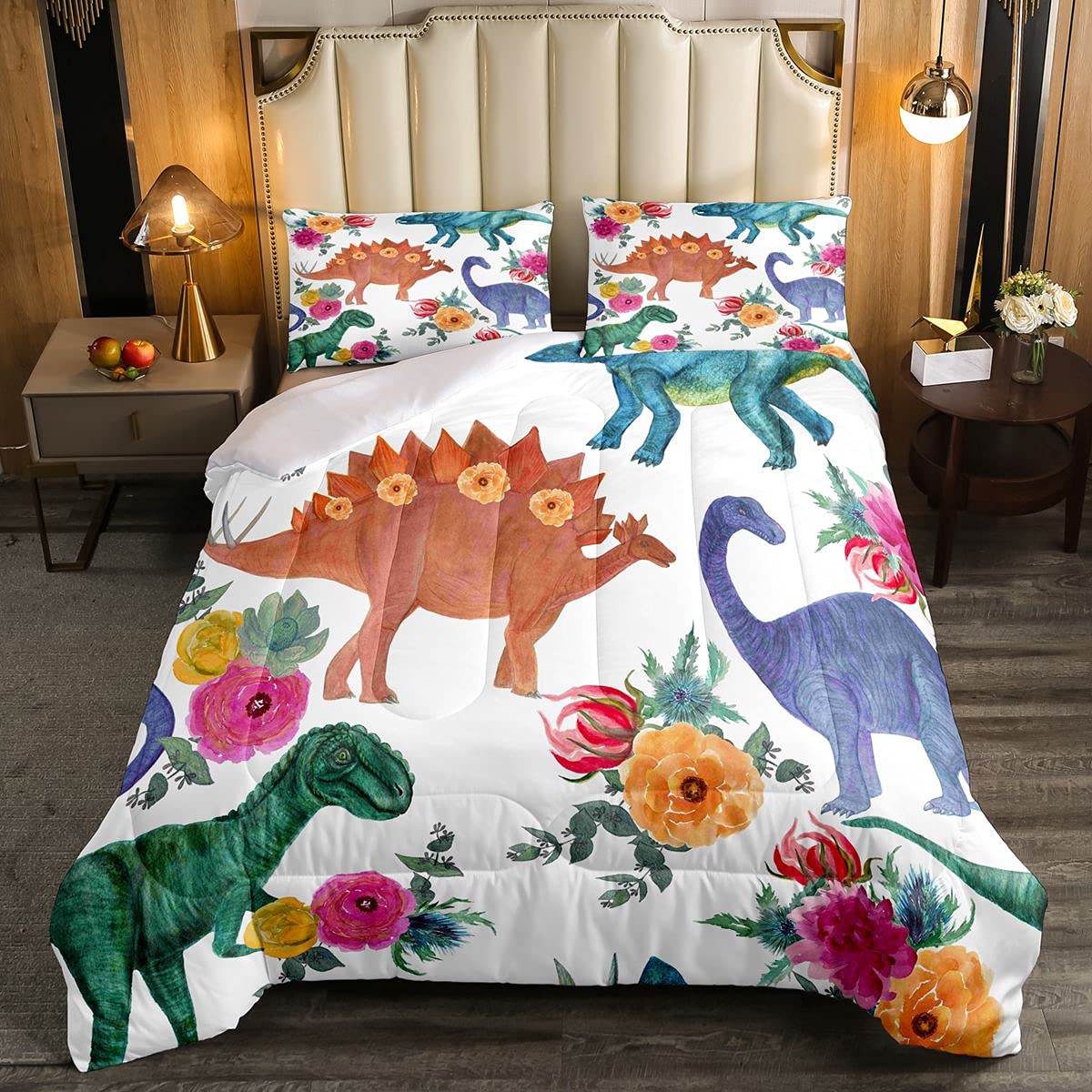 Dinosaur Bedding Set for Girls - Twin Size Dino Floral Comforter Set with Jungle Animals & Watercolor Flowers | Kids & Teens Room Decor | 2-Piece Duvet Cover Set for Bedroom, Nursery, or Dorm